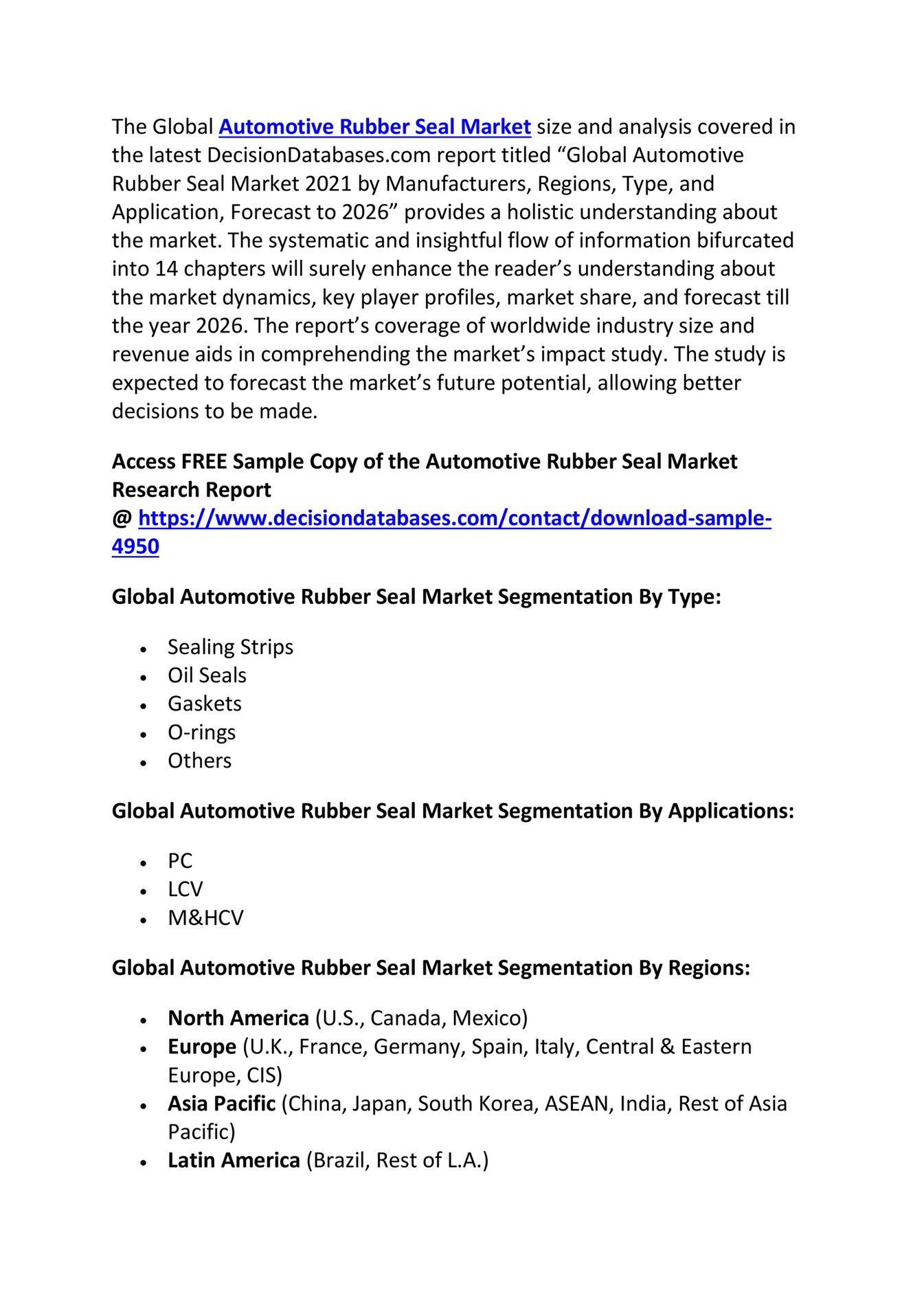 Automotive Rubber Seal Market Research Report From 2022 To 2028 Page