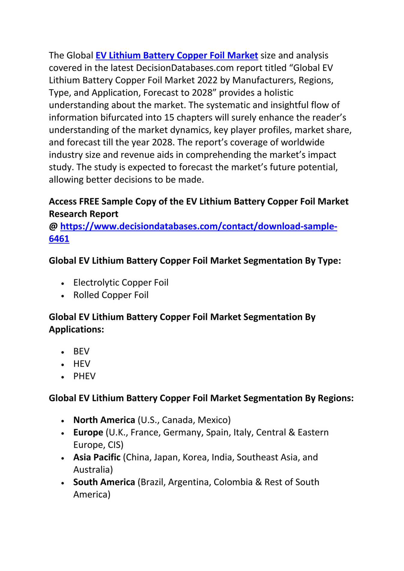 EV Lithium Battery Copper Foil Market Size, Growth and Forecast