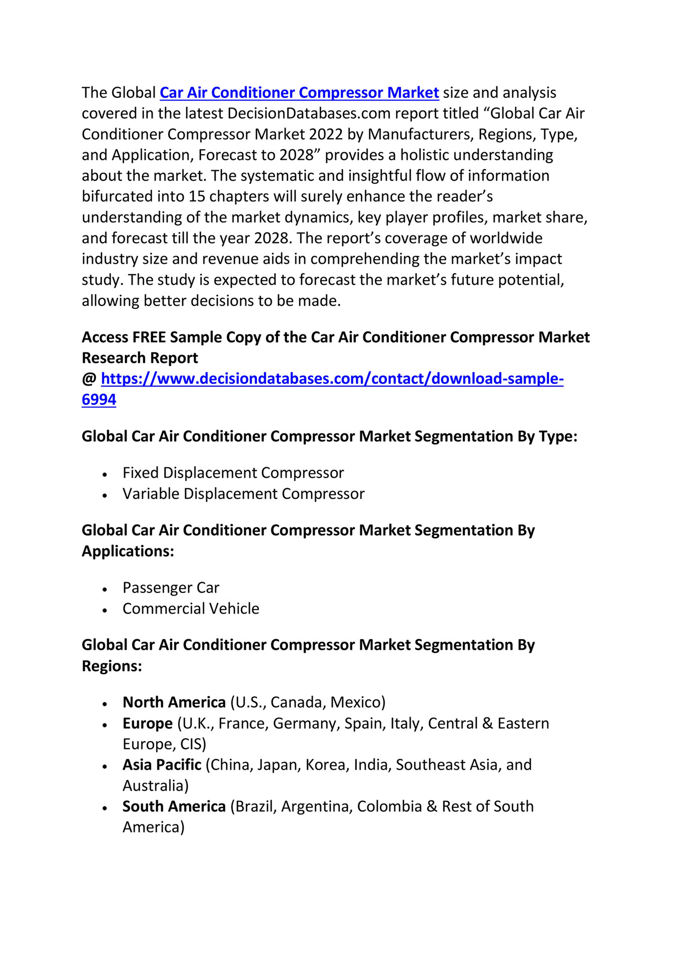 Car Air Conditioner Compressor Market Size, Growth, 2022 to 2028