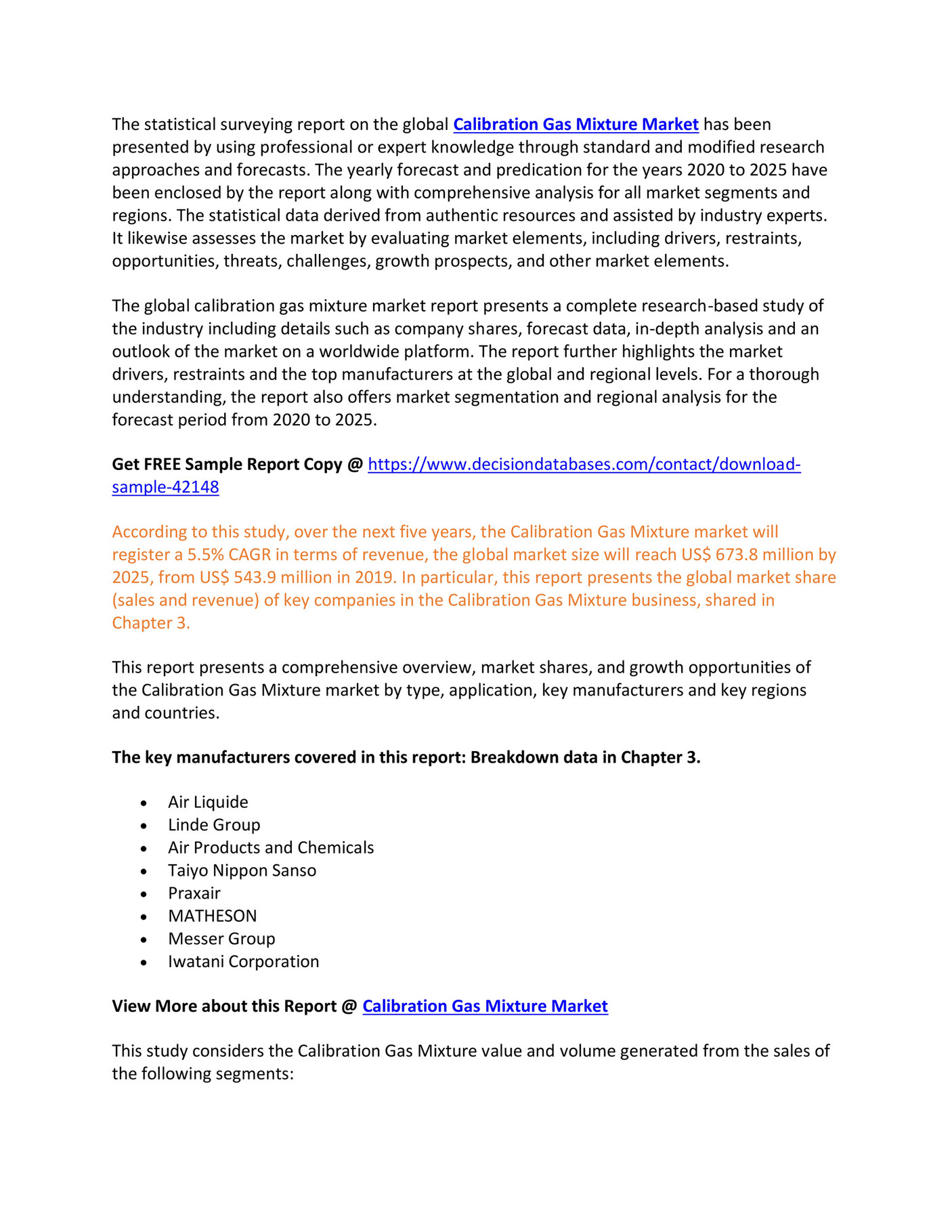 Calibration Gas Mixture Market Report From 2020 To 2025