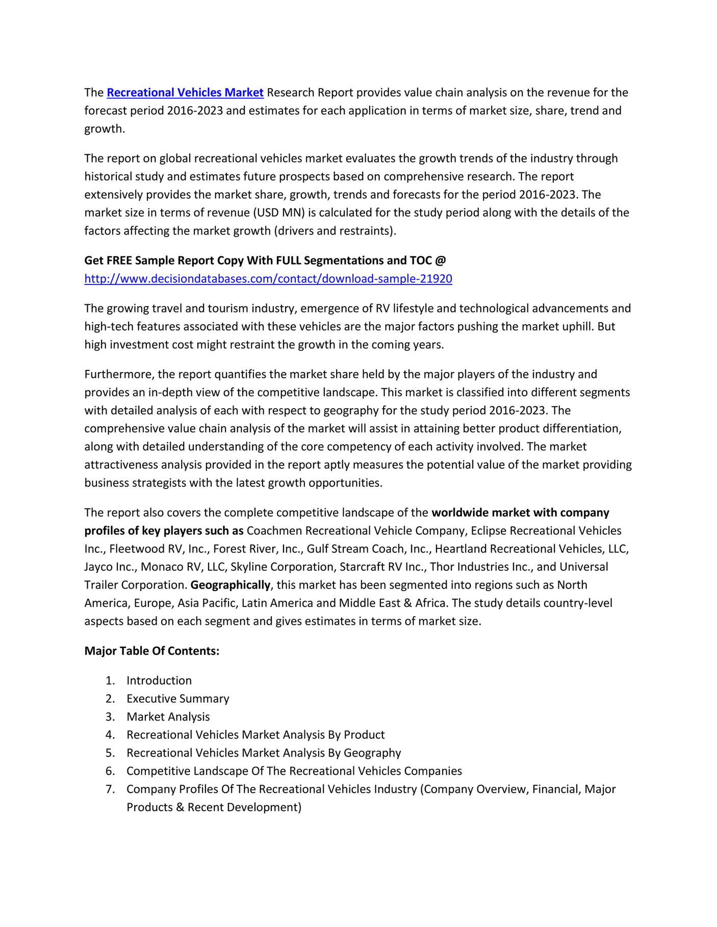 Market Research Recreational Vehicles Market 20162023 Industry