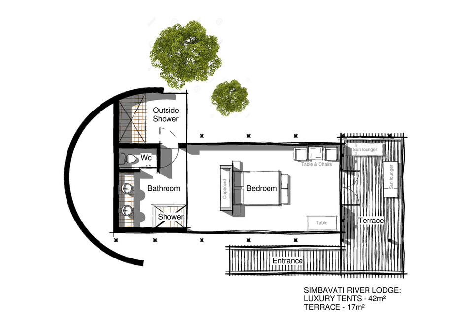 River Lodge Room Layouts Outside Shower Sun Lounger Wc Bathroom Cupboard Table Chairs Bedroom Terrace