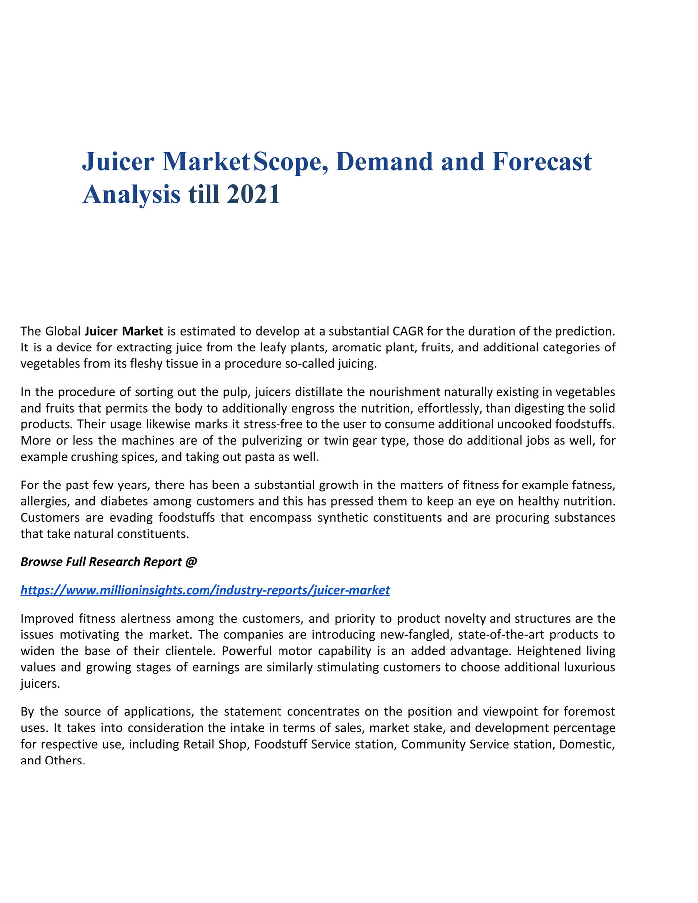 Million Insights Juicer Market Scope, Demand and Forecast Analysis