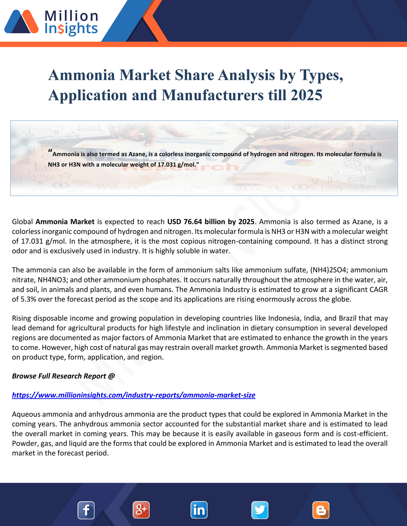 Million Insights - Ammonia Market Share Analysis by Types, Application ...