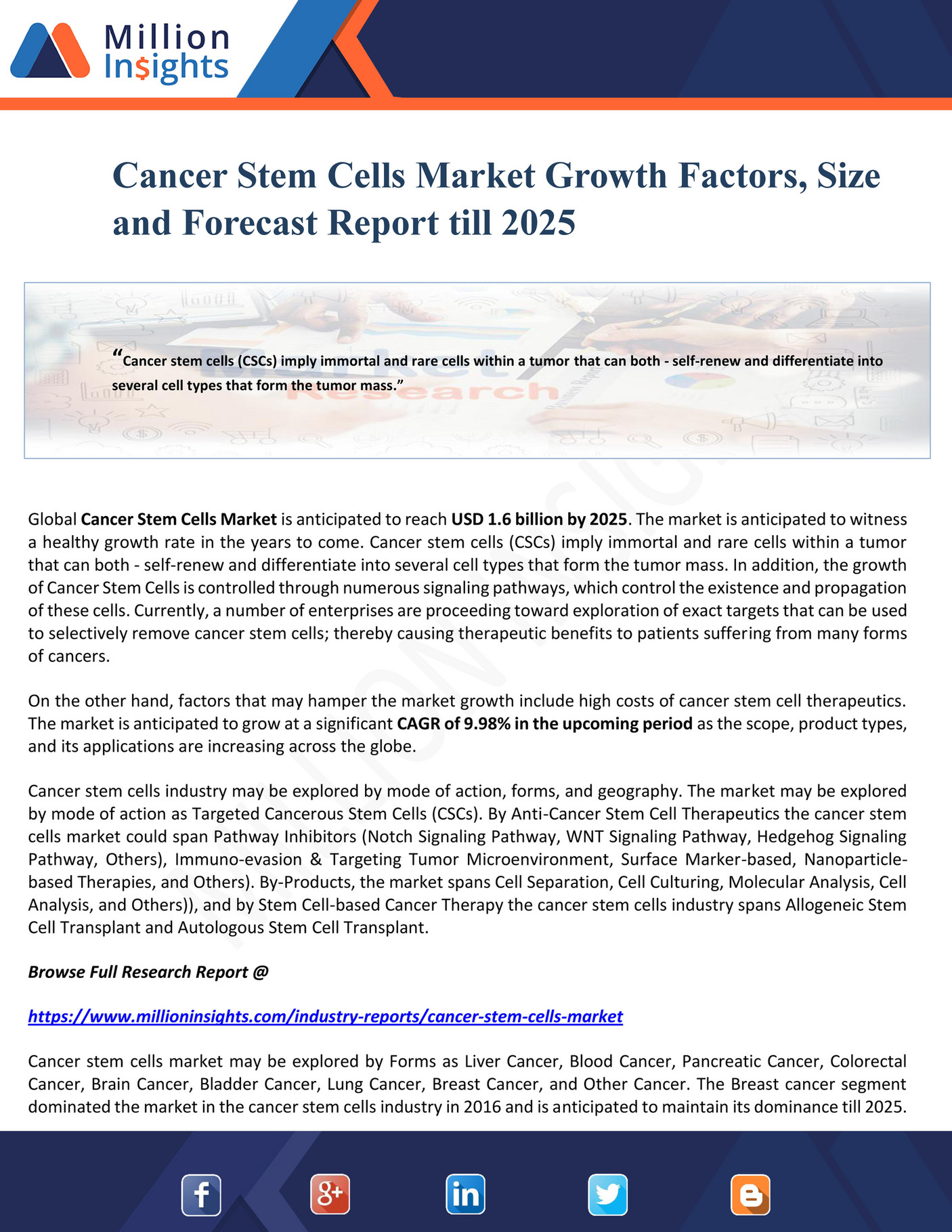 Million Insights Cancer Stem Cells Market Growth Factors, Size and