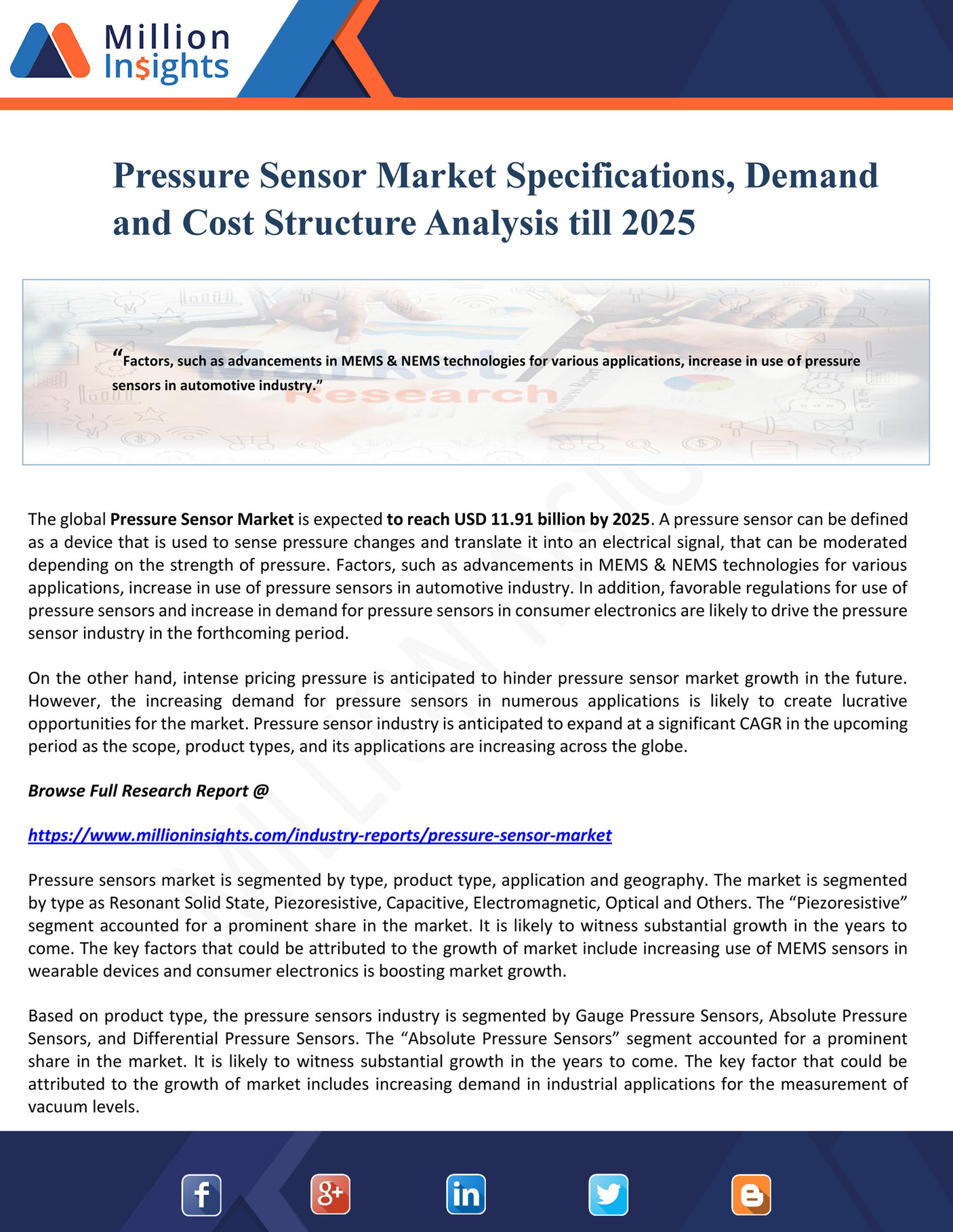 Million Insights Pressure Sensor Market Specifications, Demand and