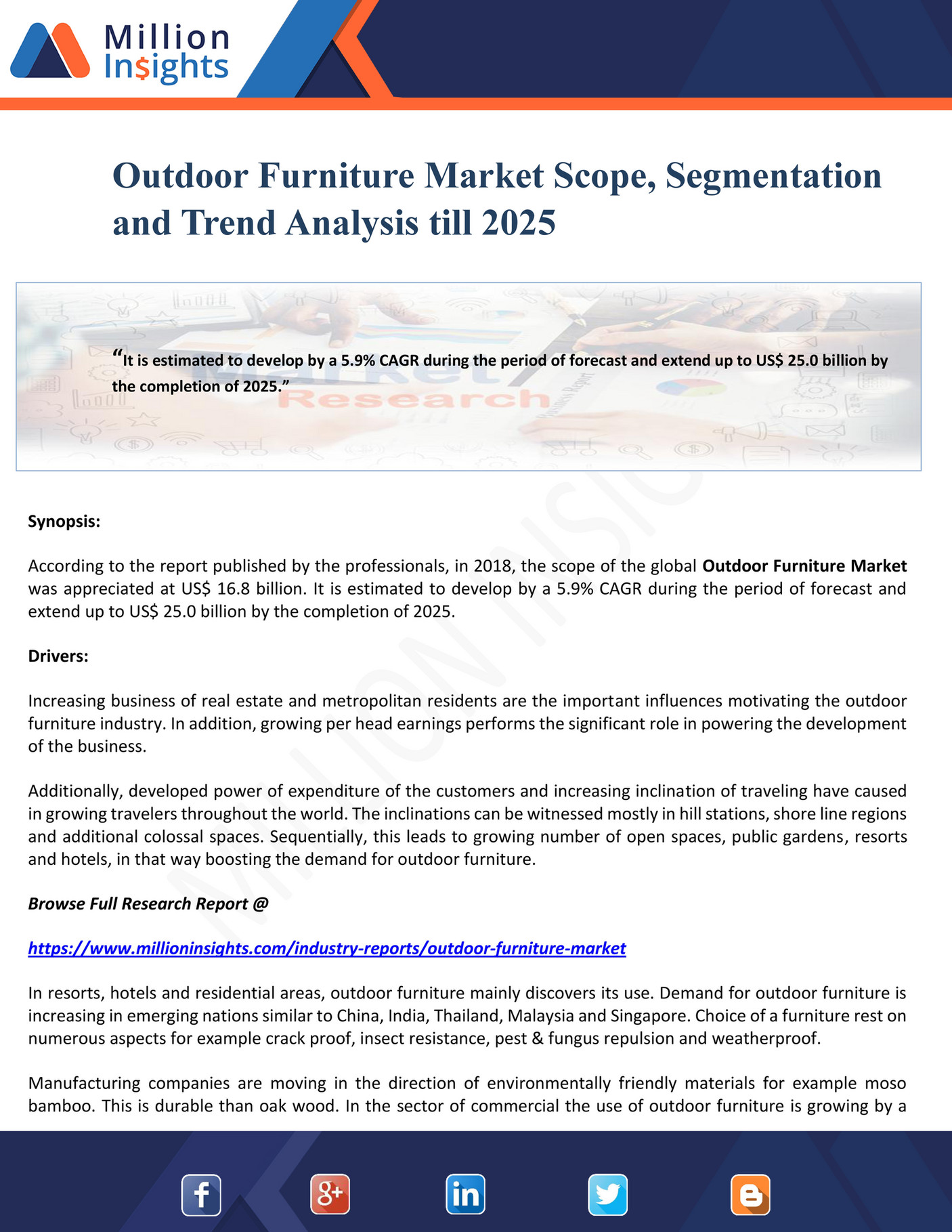 Million Insights Outdoor Furniture Market Scope, Segmentation and