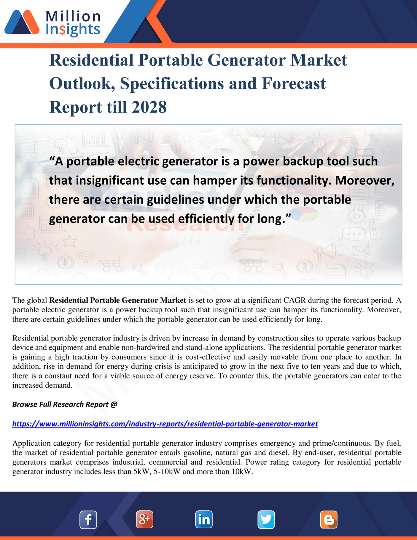 Million Insights Residential Portable Generator Market Outlook 