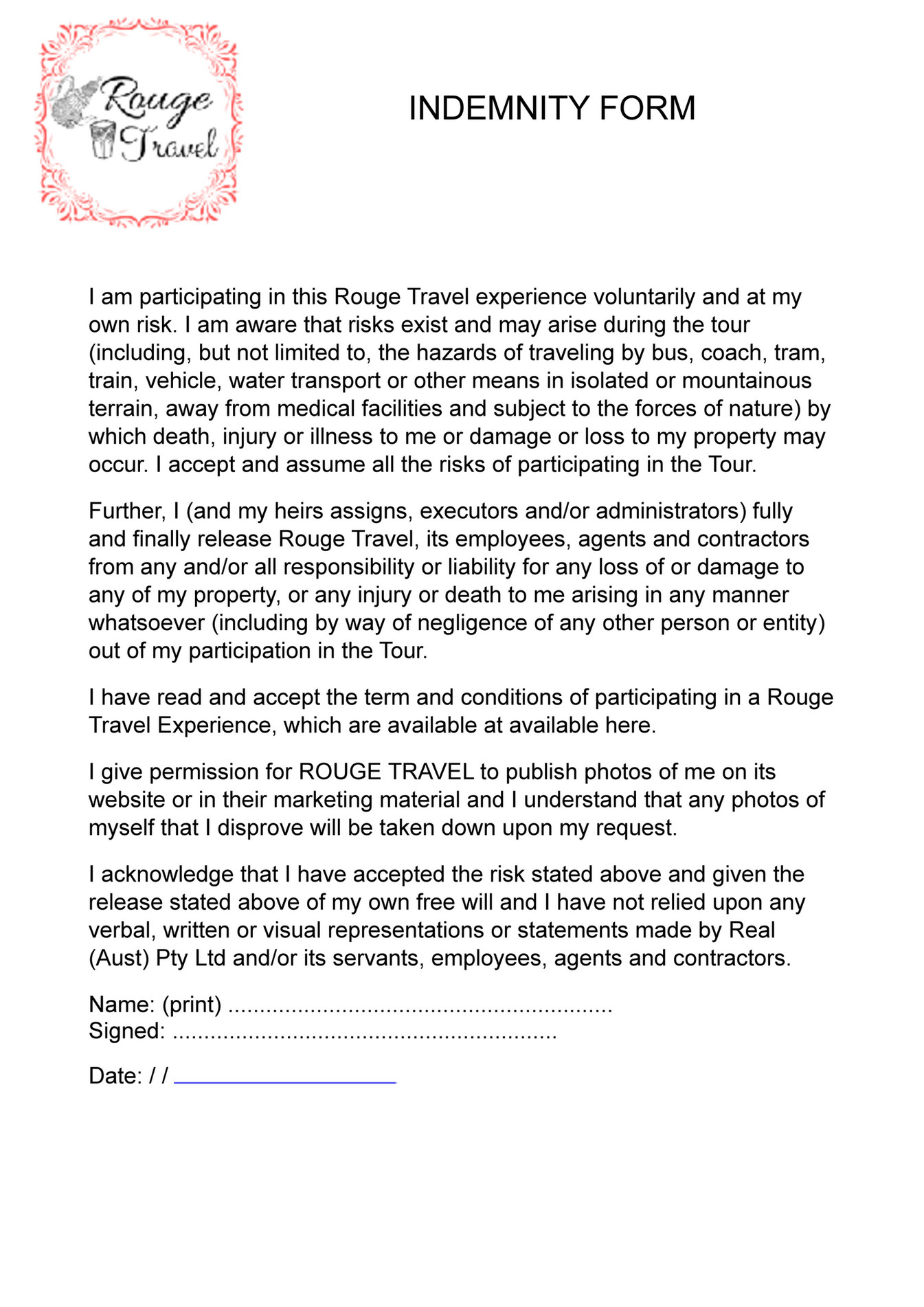 Rouge Travel Indemnity Page 1 Created With