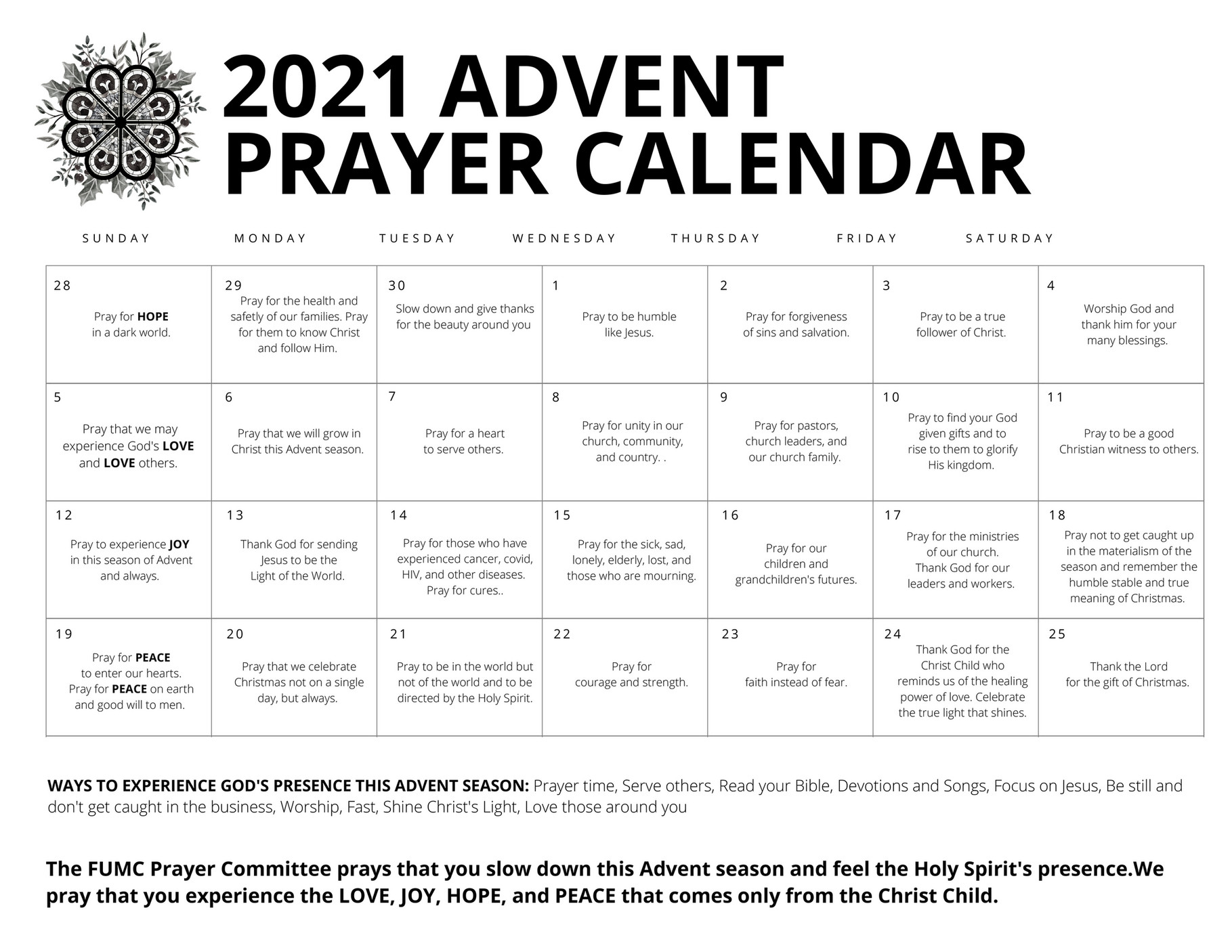 First United Methodist Church, Tupelo MS Advent Prayer Calendar B&W