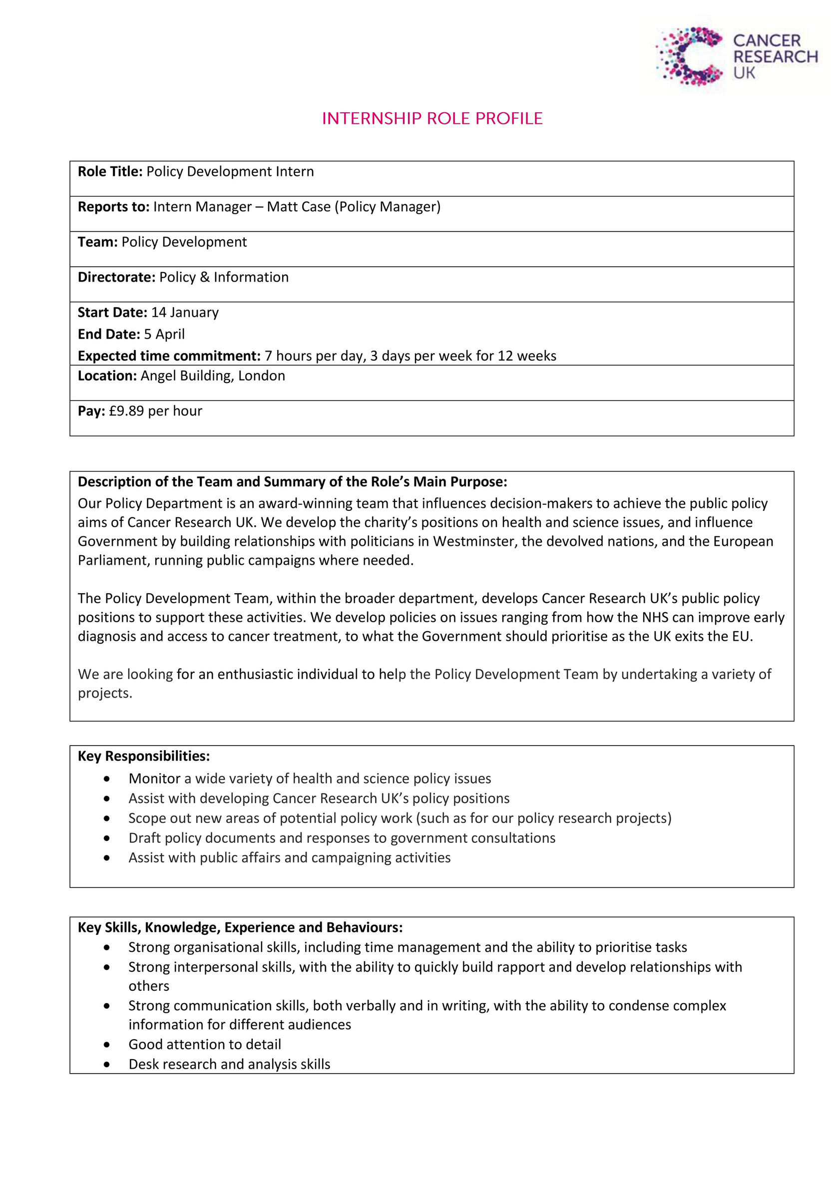 Cancer Research Uk Policy Development Intern Page 1 Created With Publitas Com