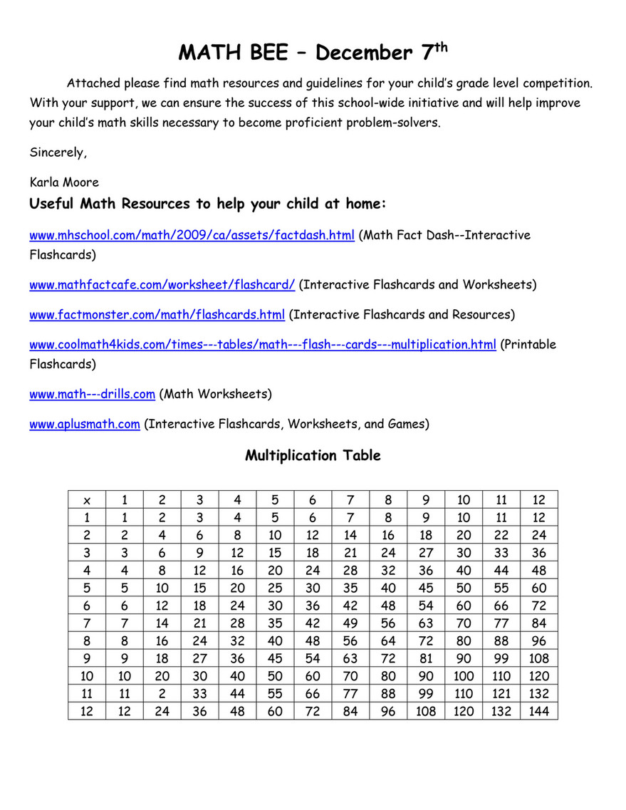 Good Will School Parent Letter Math Bee Page 1 Created