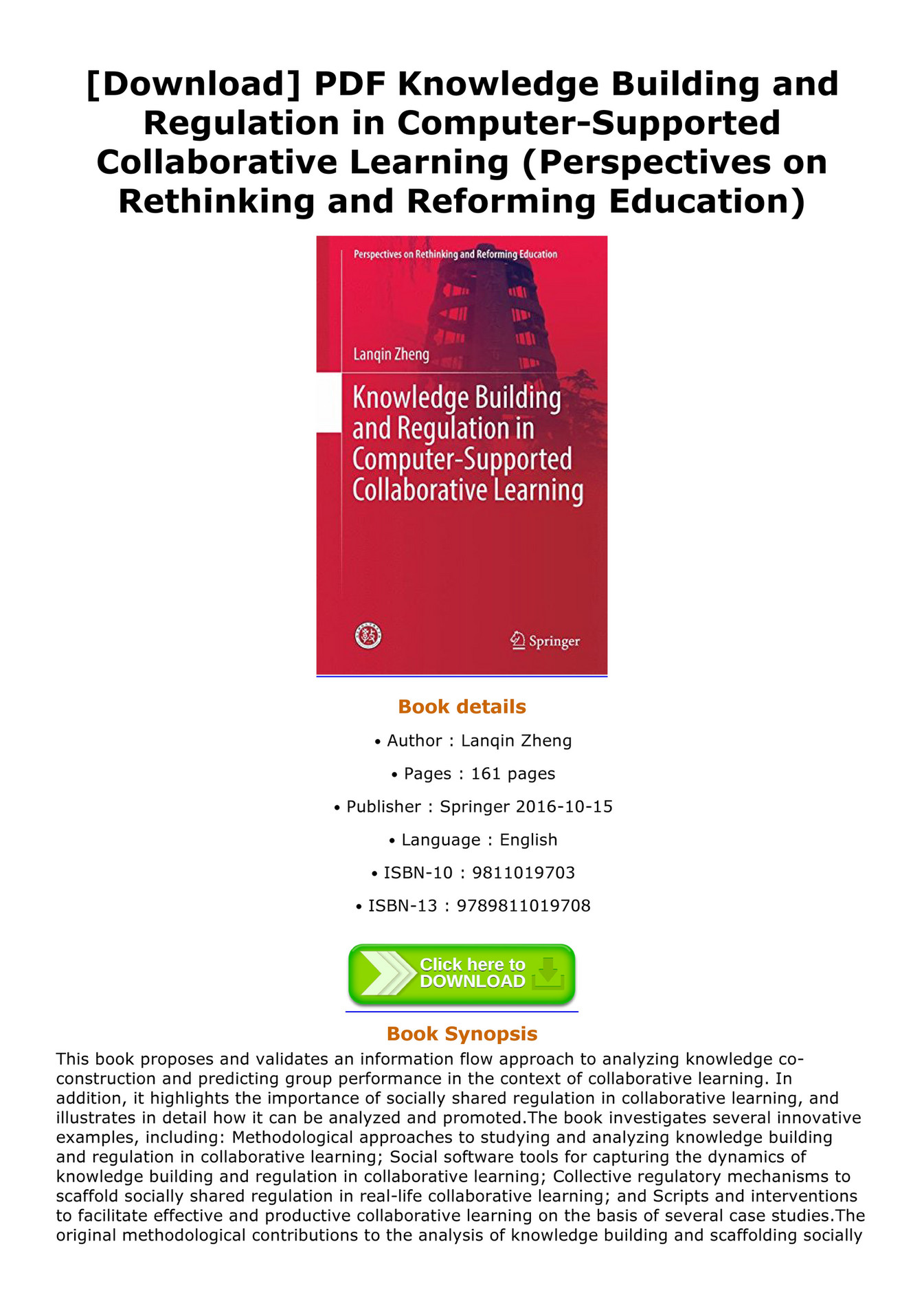 Download PDF Knowledge Building And Regulation In Computer Supported 