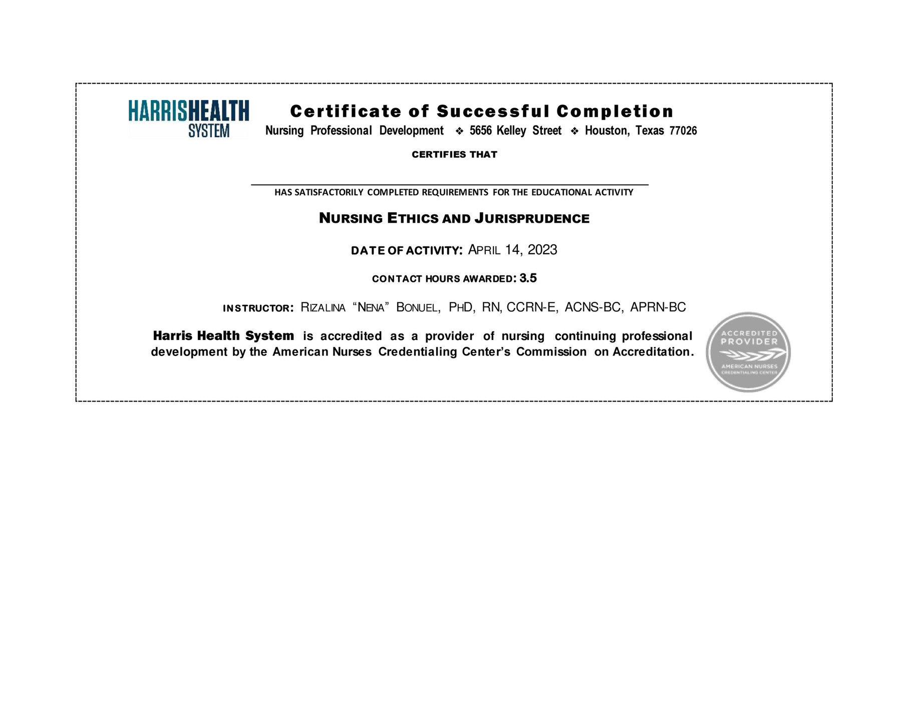 Harris Health System - 04.14.2023 Cne Certificate Nursing Jurisprudence 