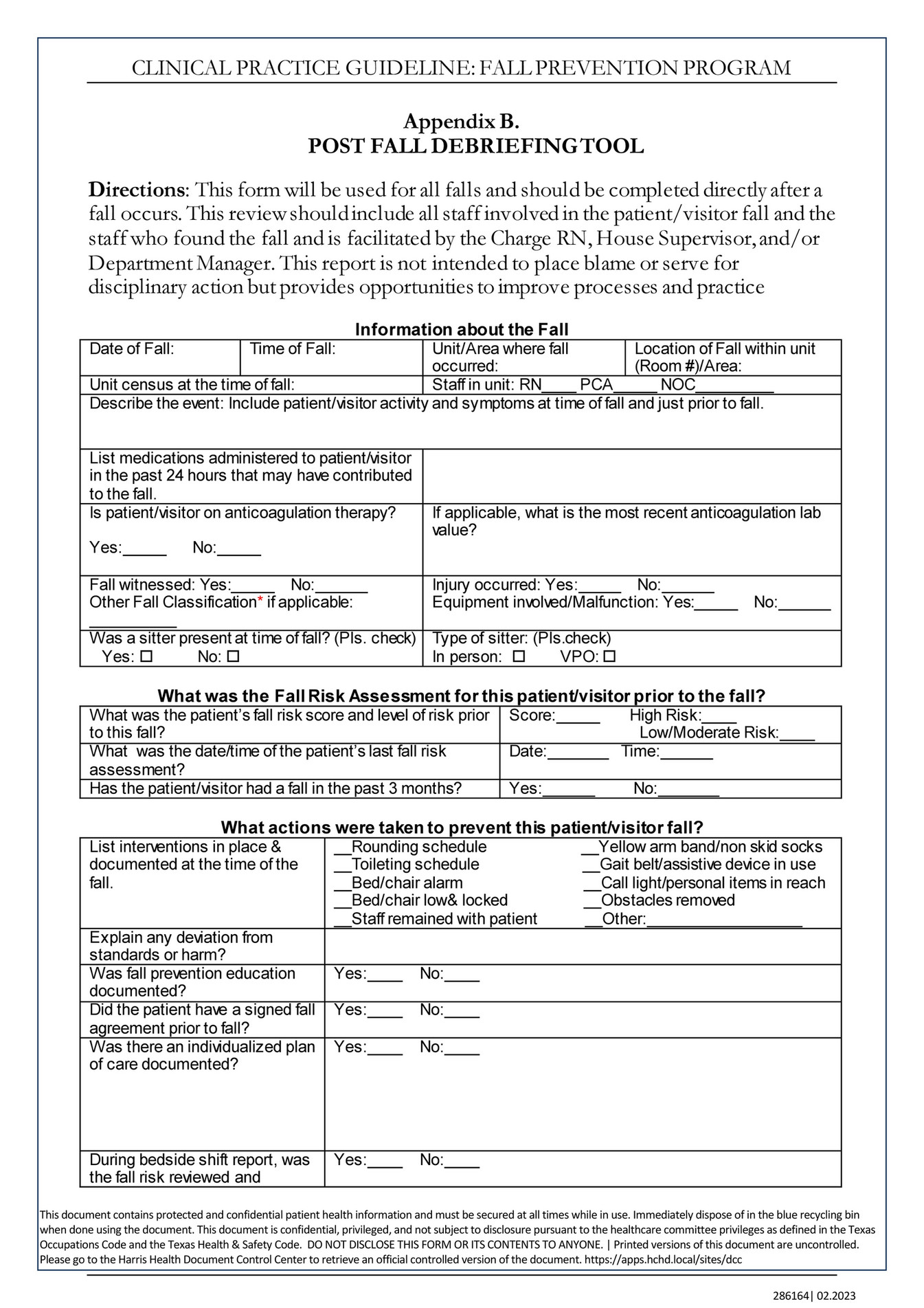 Harris Health System 286164 Post Fall Debriefing Tool Page 2 