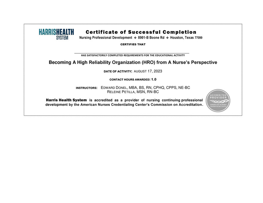 Harris Health System - Ncpd Certificate Hro 8.17.2023 - Page 1 