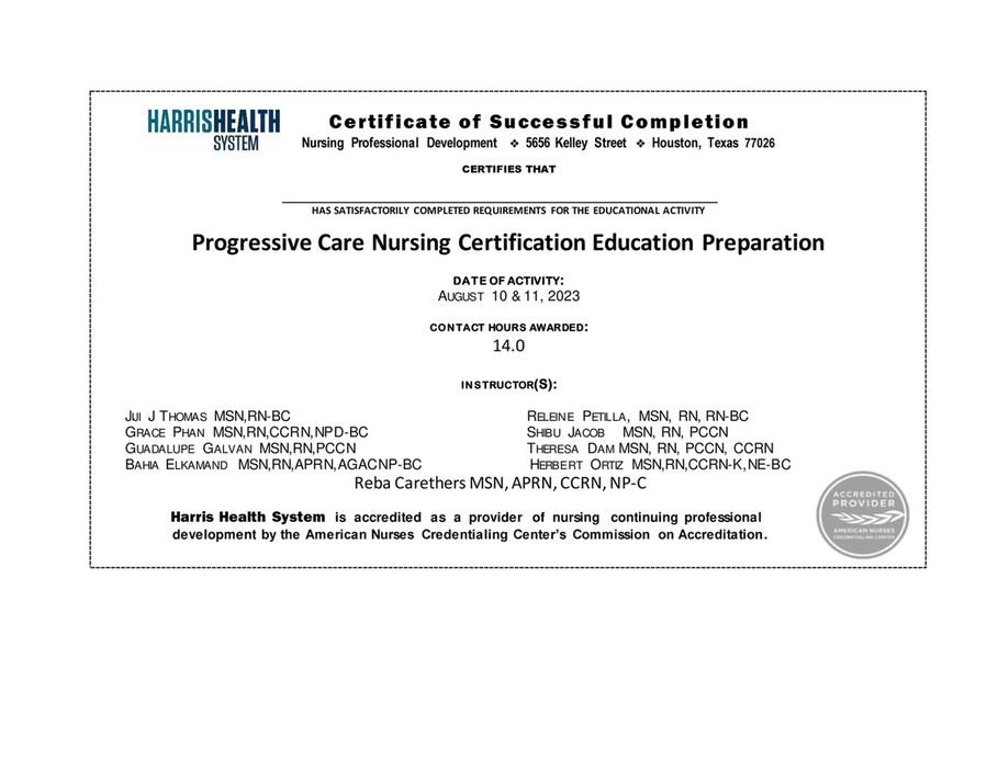 Harris Health System - PCCN Certificate 8.10-11.2023 - Page 1 - Created ...