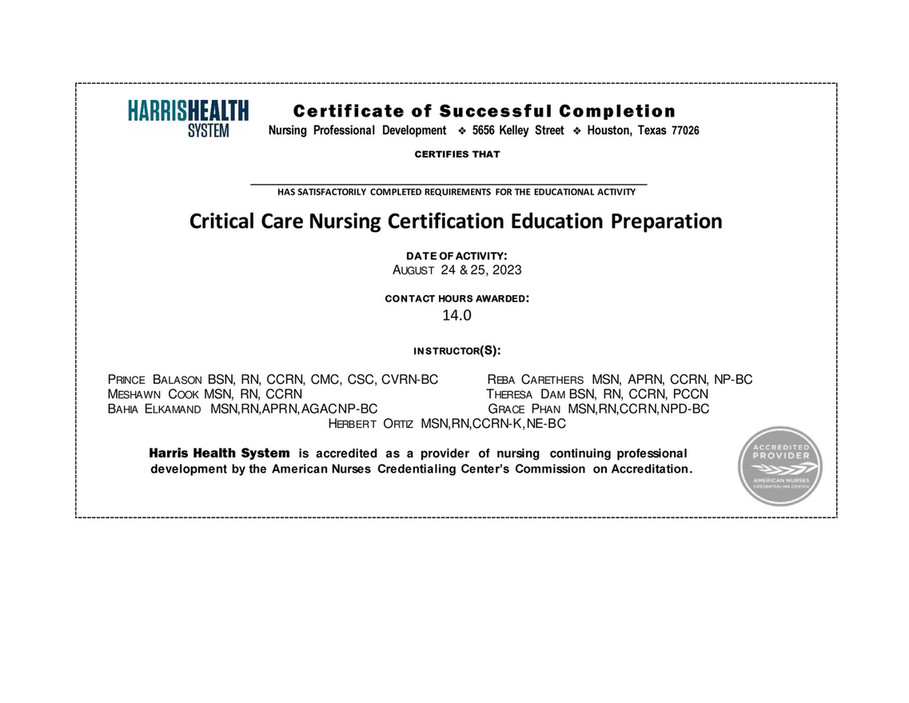 Harris Health System - Cne Certificate - Ccrn Education Preparation 8. 