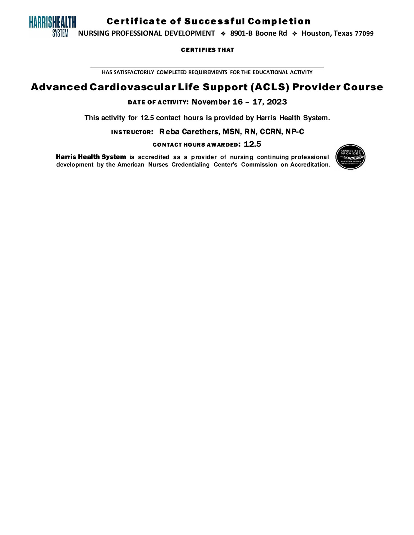 Harris Health System CNE ACLS Initial Course 11.1617.23 Page 1