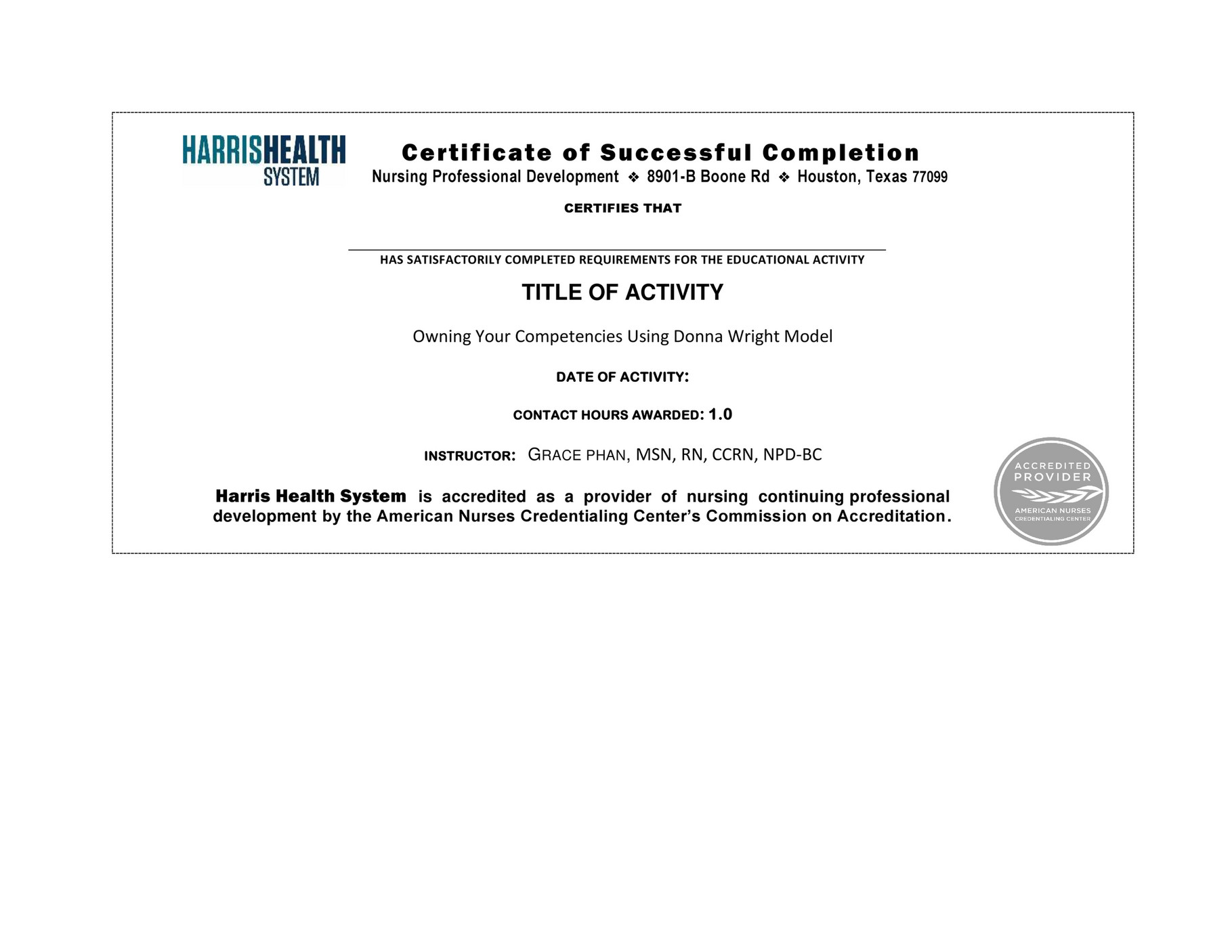 Harris Health System - CNE Certificate_Owning Your Competencies Using