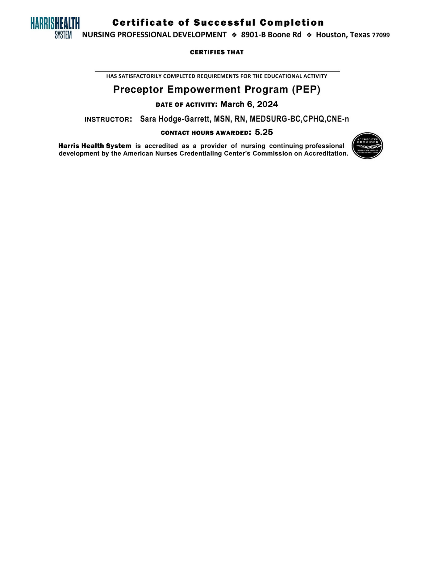 Harris Health System PEP Cert 03.06.24 Page 1 Created with