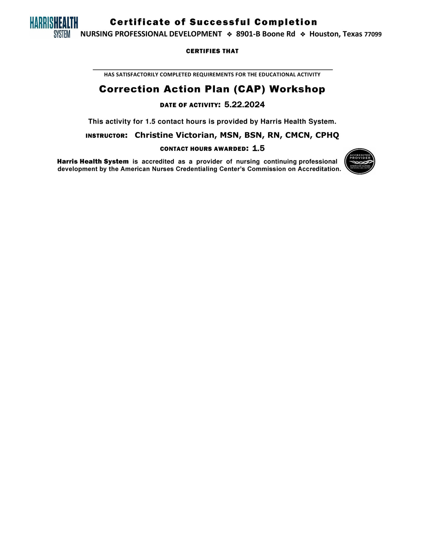 Harris Health System CNE Certificate Corrective Action Plan (CAP