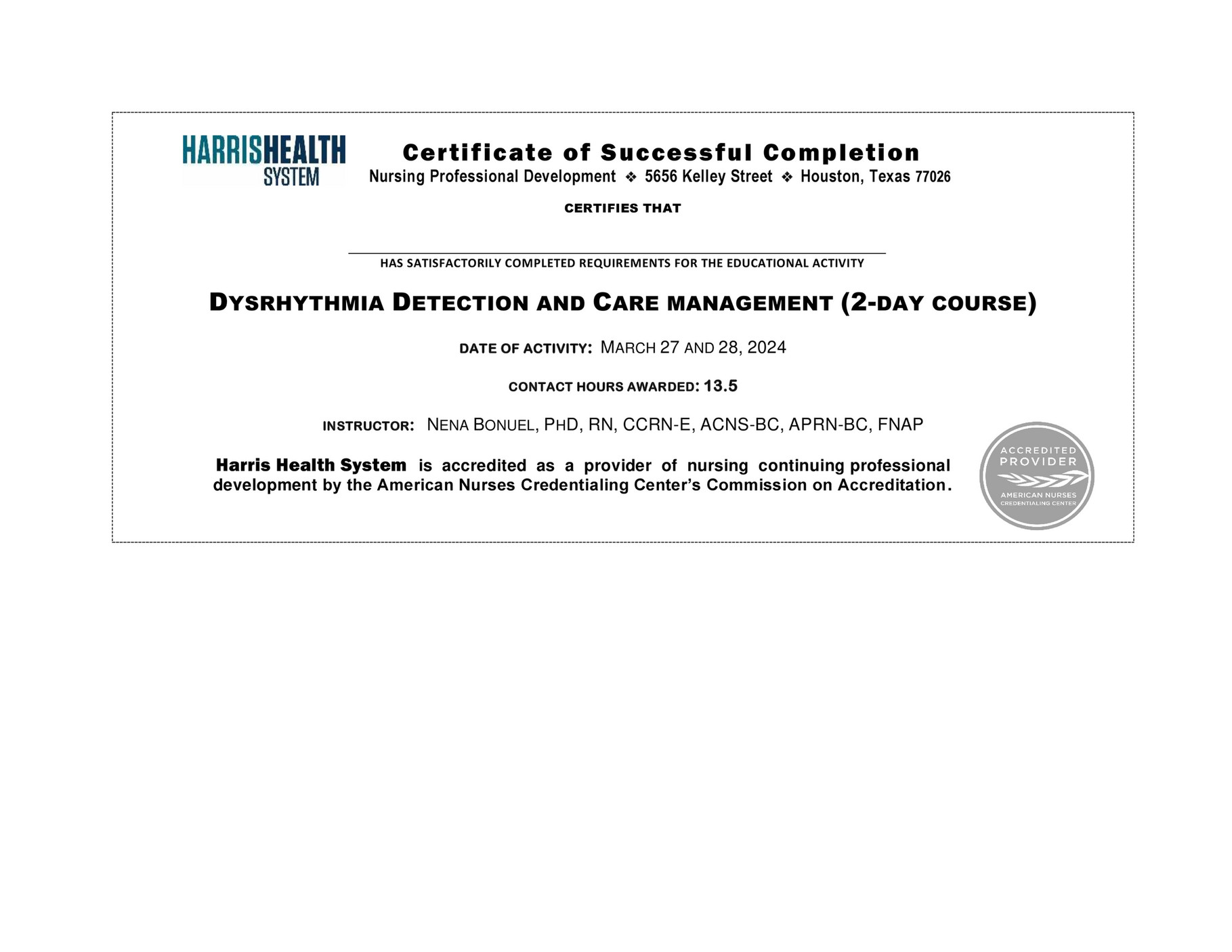 Harris Health System - 3.27-28.2024 CNE Certificate Dysrhytmia ...