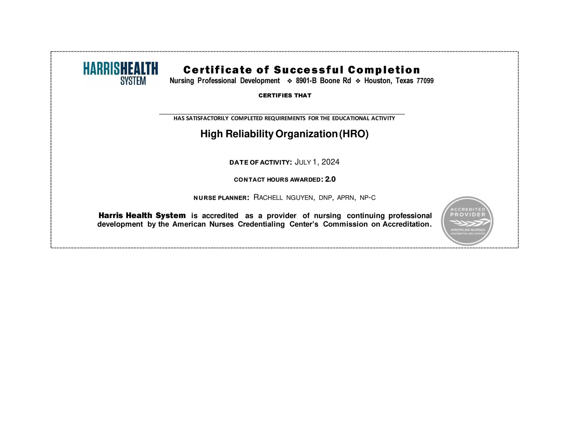 Harris Health System CNE certificate HRO 07.01.2024 Page 1
