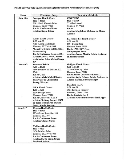 Harris Health System ACS VS30 VS Machine Training Schedules June 2024