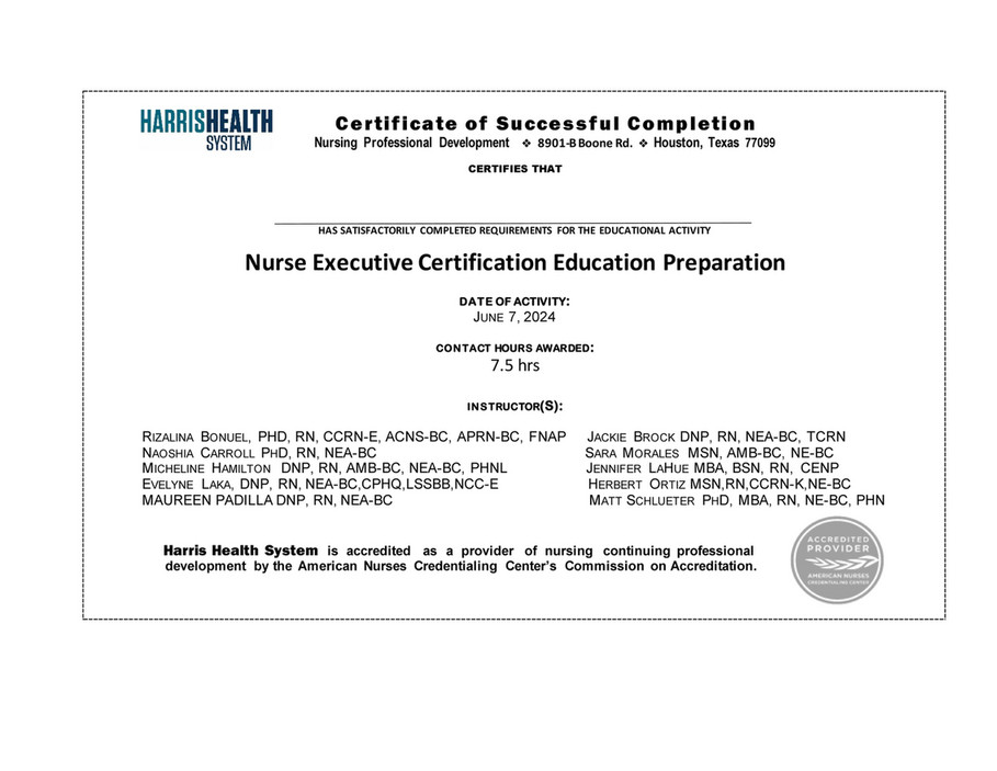 Harris Health System - 6.07.2024_CNE certificate - Nurse Executive ...