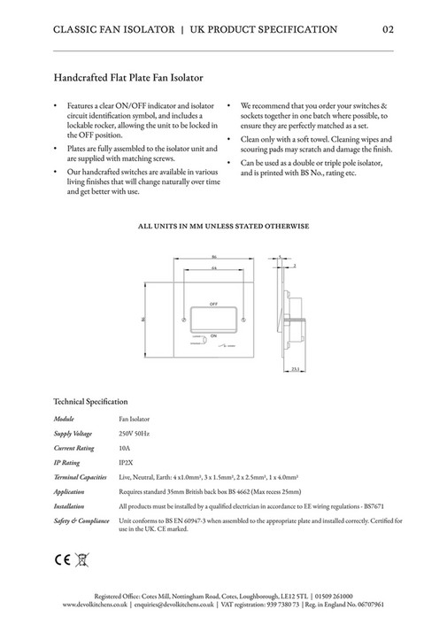 deVOL Kitchens Classic Fan Isolator Switch UK Product Specification Page 2
