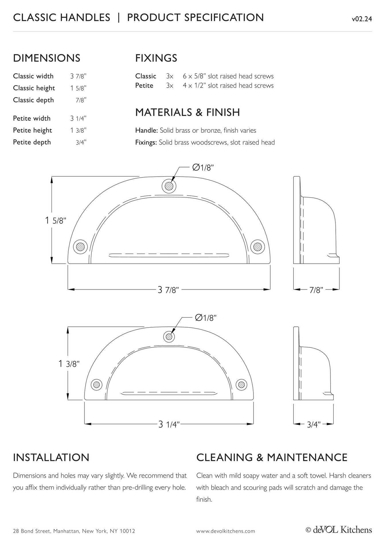 deVOL Kitchens Classic Handles Product Specification Page 1