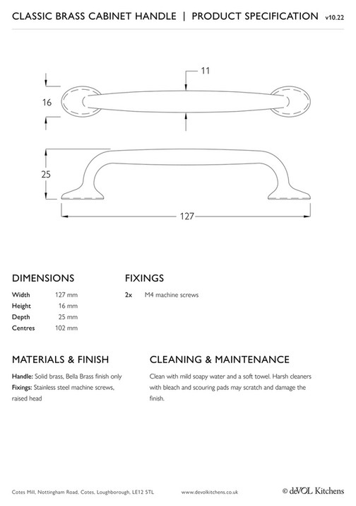 deVOL Kitchens Classic Brass Handle Product Specification