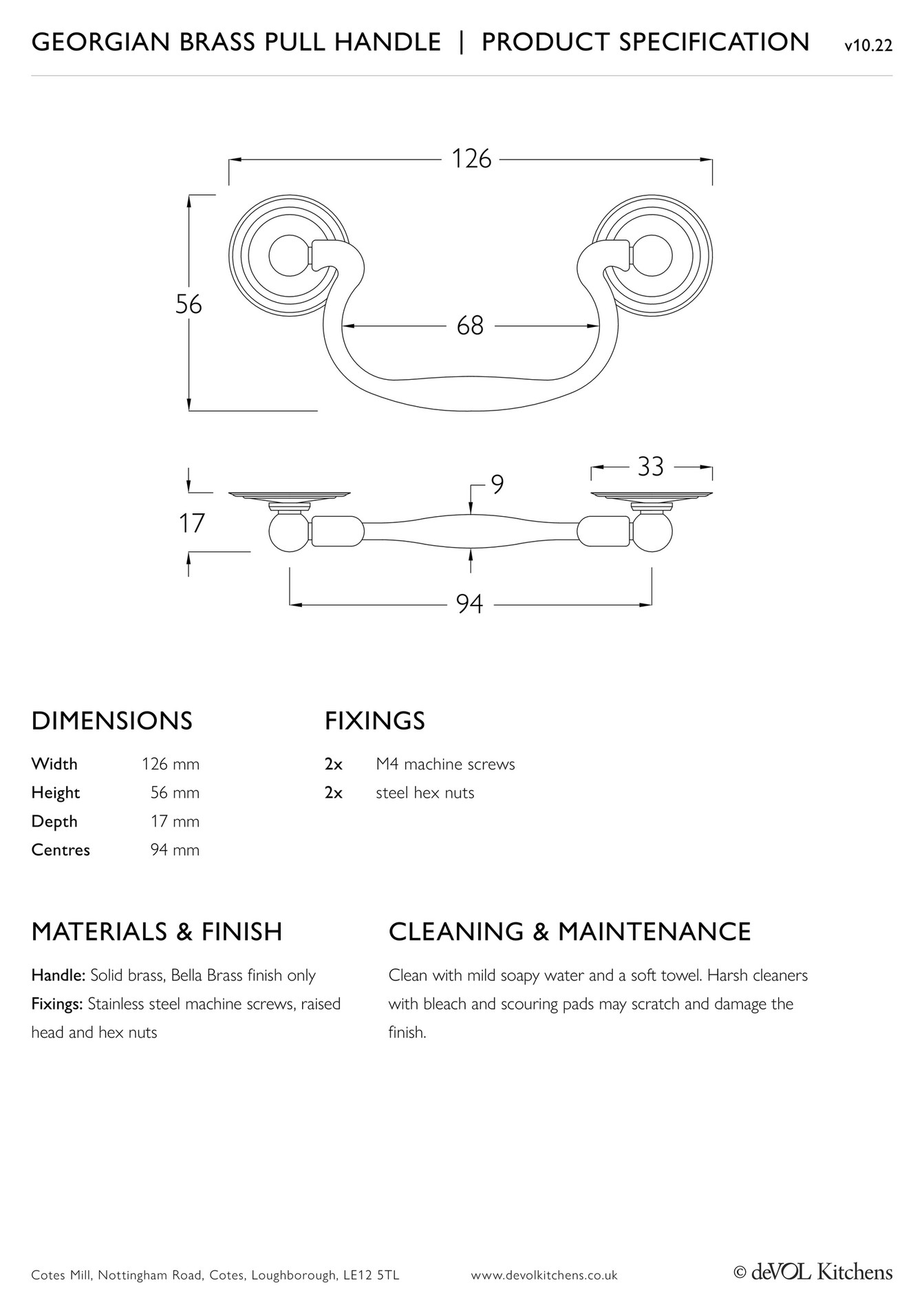 deVOL Kitchens Brass Pull Handle Product Specification