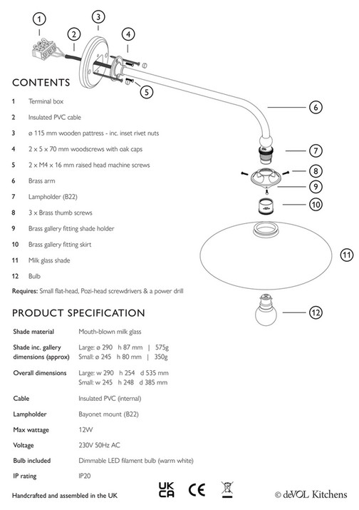 deVOL Kitchens - The Heirloom Task Light with Milk Glass Shade - UK ...