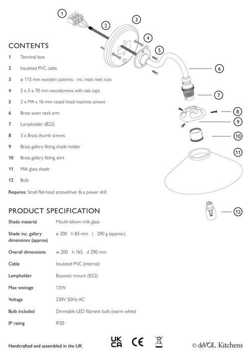 deVOL Kitchens - The Heirloom Wall Light with Milk Glass Shade - Page 1