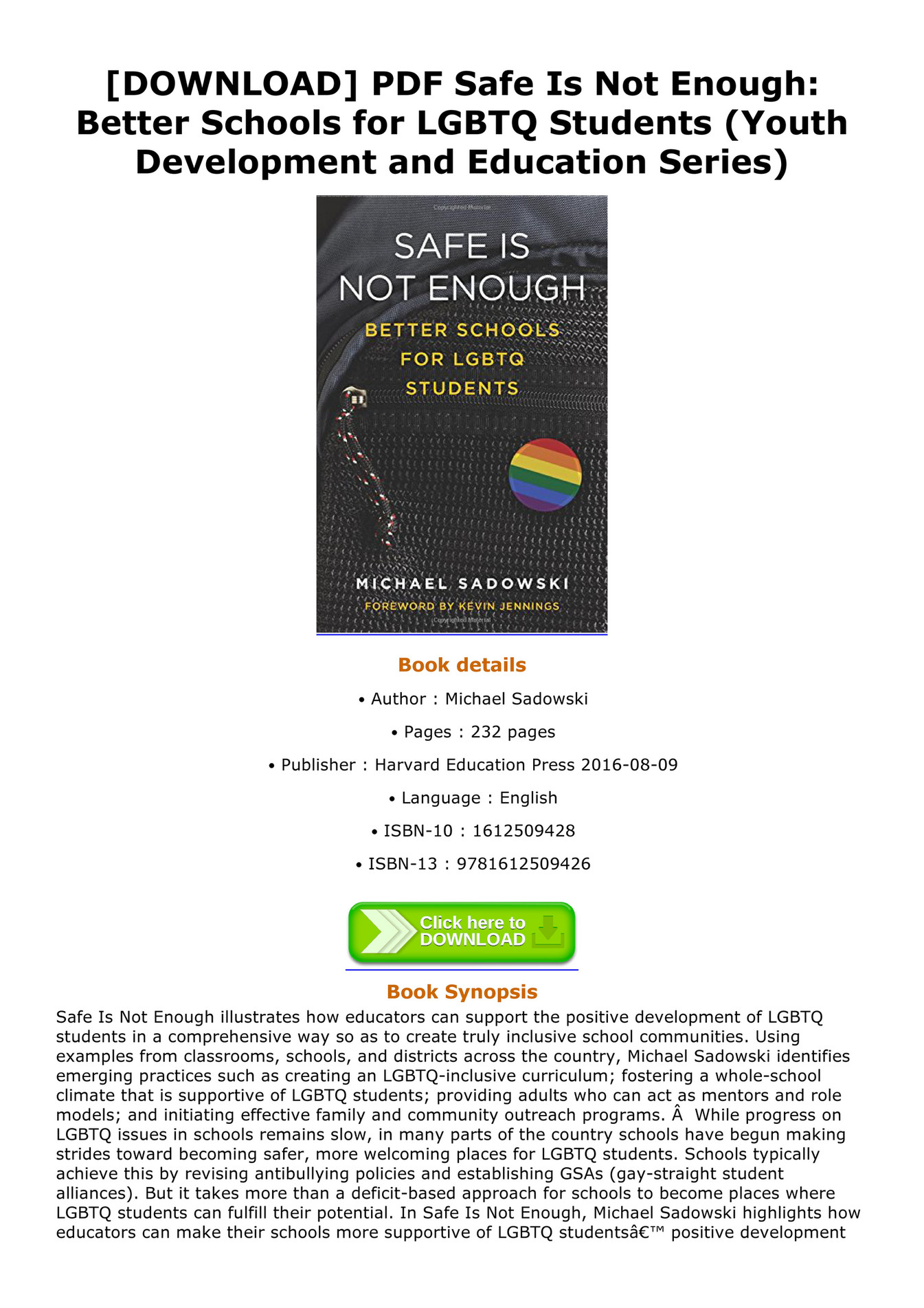 Becker Download Pdf Safe Is Not Enough Better Schools For Lgbtq Students Youth Development And Education Series Pdf Page 1 Created With Publitas Com