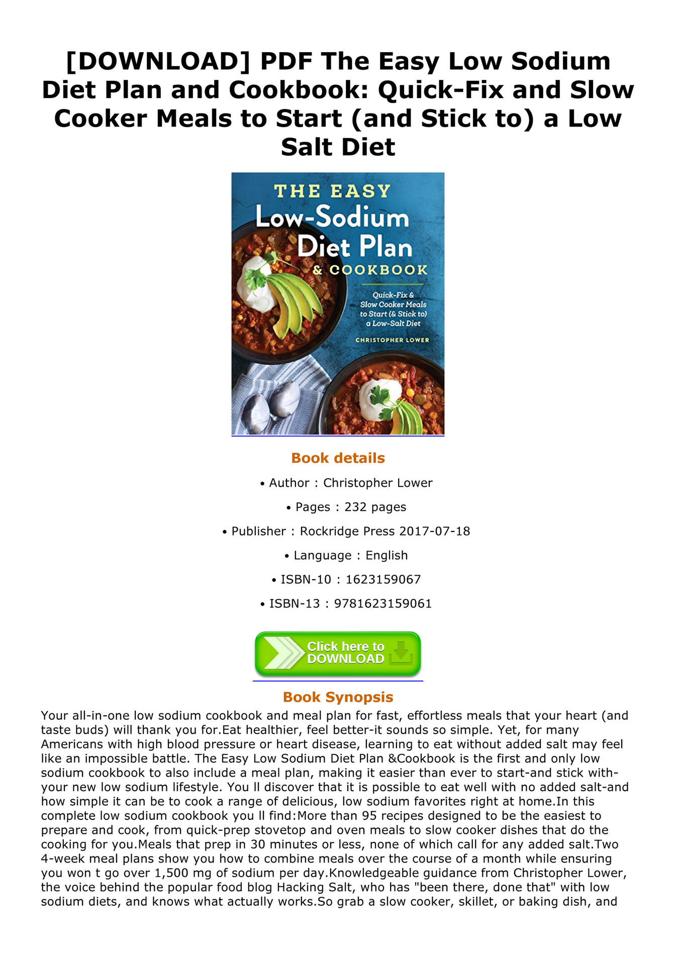 Fernando DOWNLOAD PDF The Easy Low Sodium Diet Plan and Cookbook Quick Fix and Slow Cooker