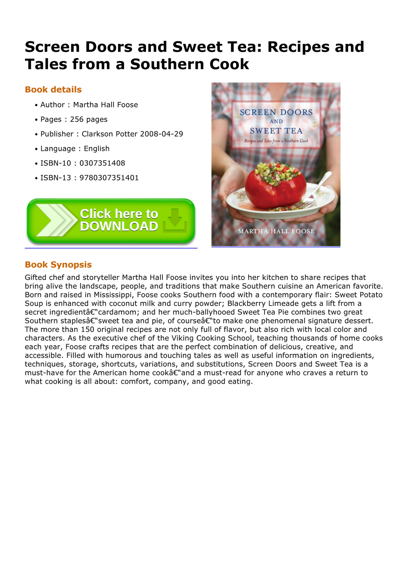 (ebook) Screen Doors and Sweet Tea Recipes and Tales from a Southern Cook Page 1 Created