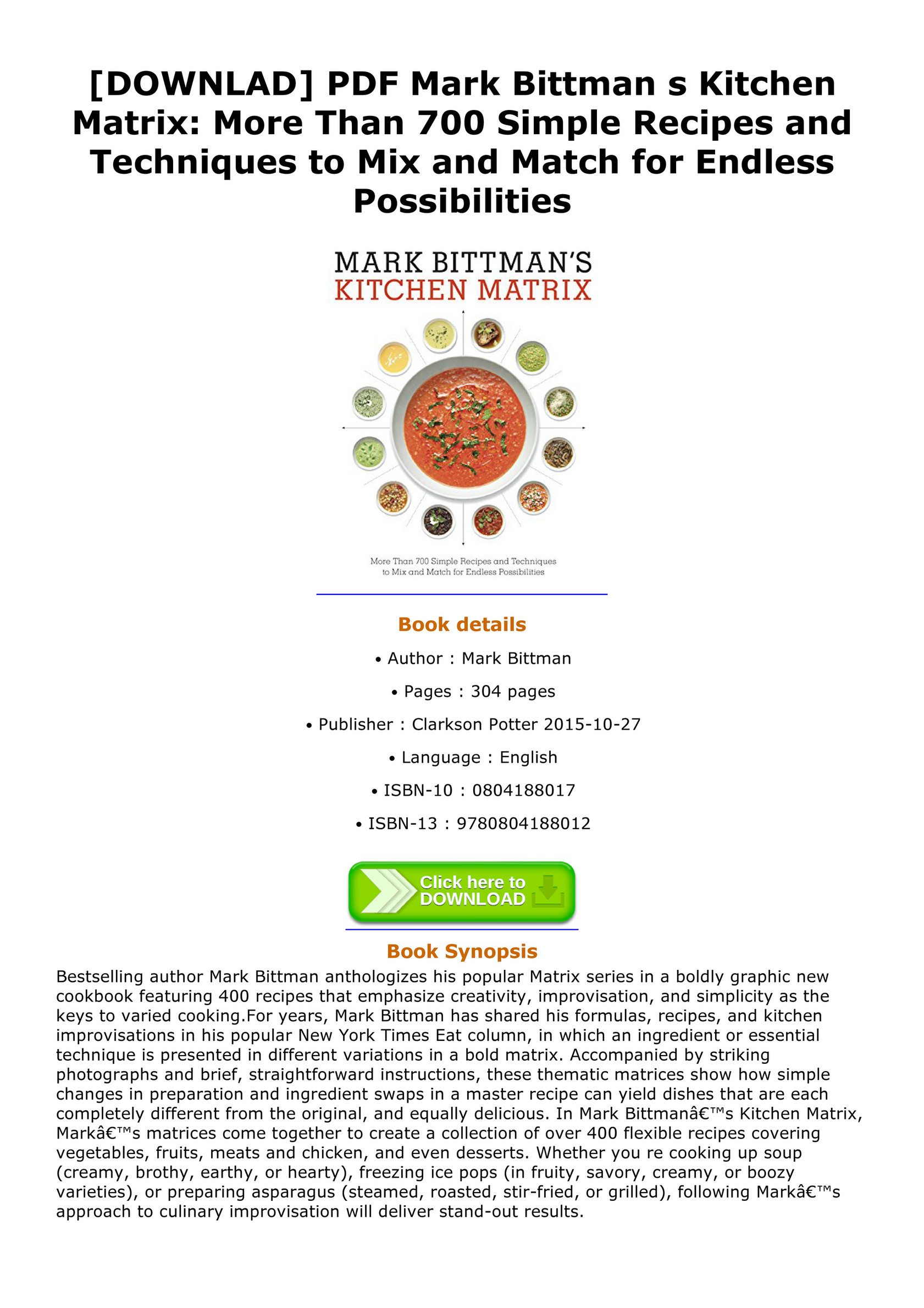 EBOOK - DOWNLAD PDF Mark Bittman s Kitchen Matrix More Than 700 Simple  Recipes and Techniques to Mix and Match for Endless Possibilities - Page 1  - Created with Publitas.com