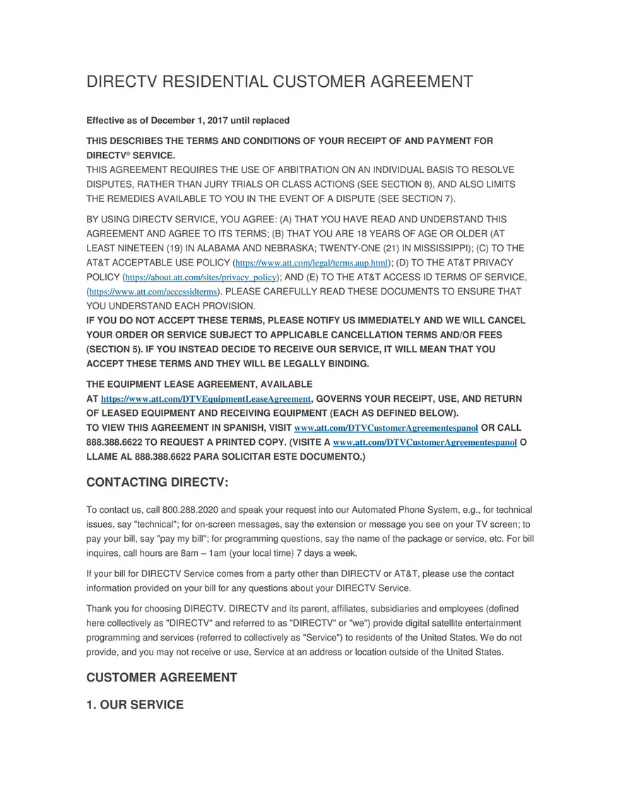 Netkaizen - DIRECTV RESIDENTIAL CUSTOMER AGREEMENT - Page 1 