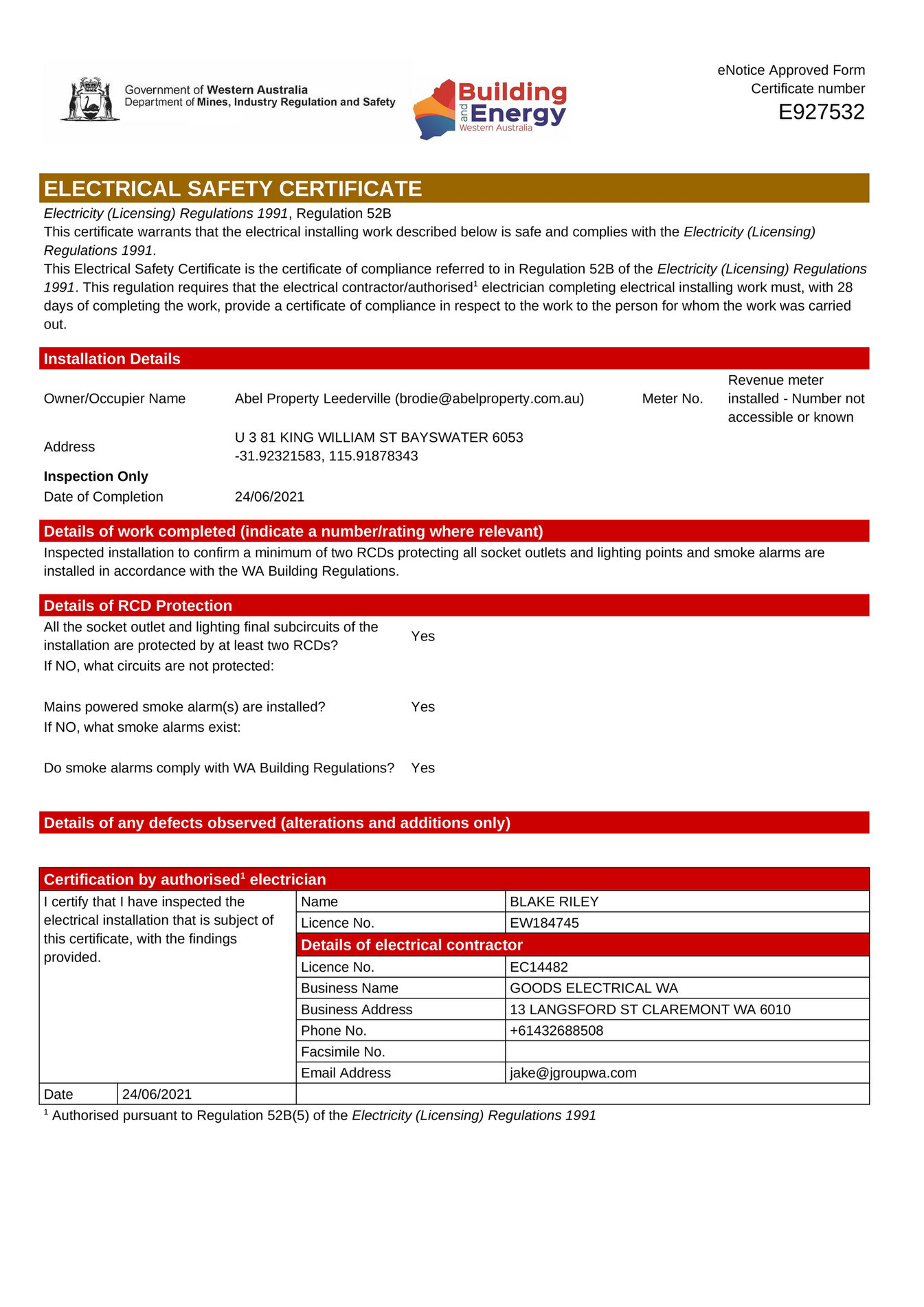 Abel Property Electrical Safety Certificate Page 1 Created with