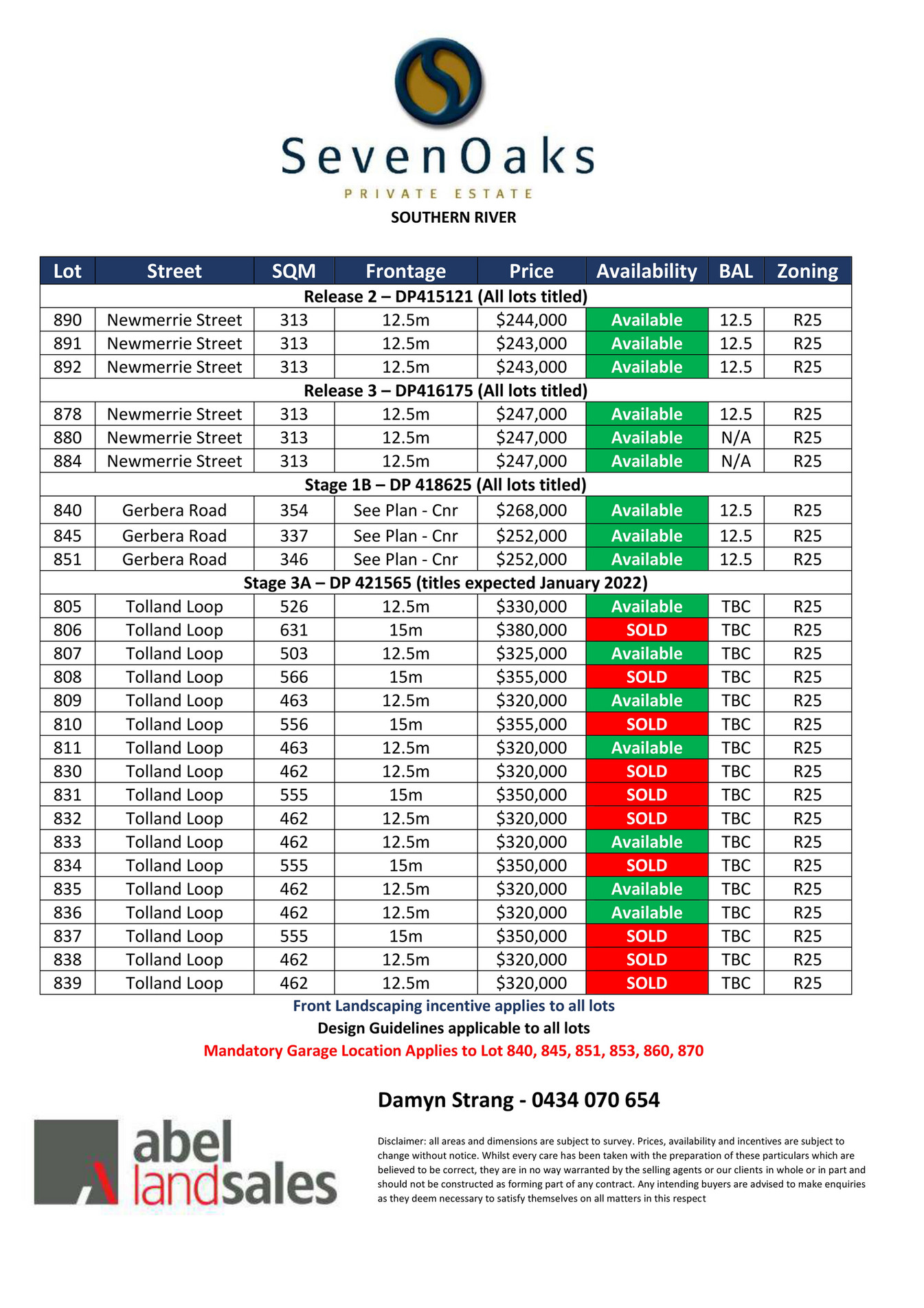 Abel Property SevenOaks Price List & Plans (Release 1B, 2, 3 & 3A