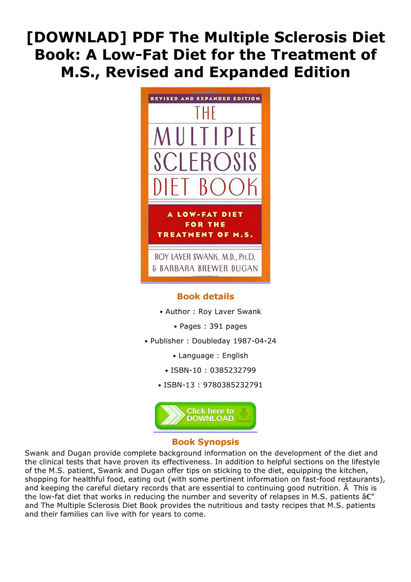 Milton DOWNLAD PDF The Multiple Sclerosis Diet Book A Low Fat Diet
