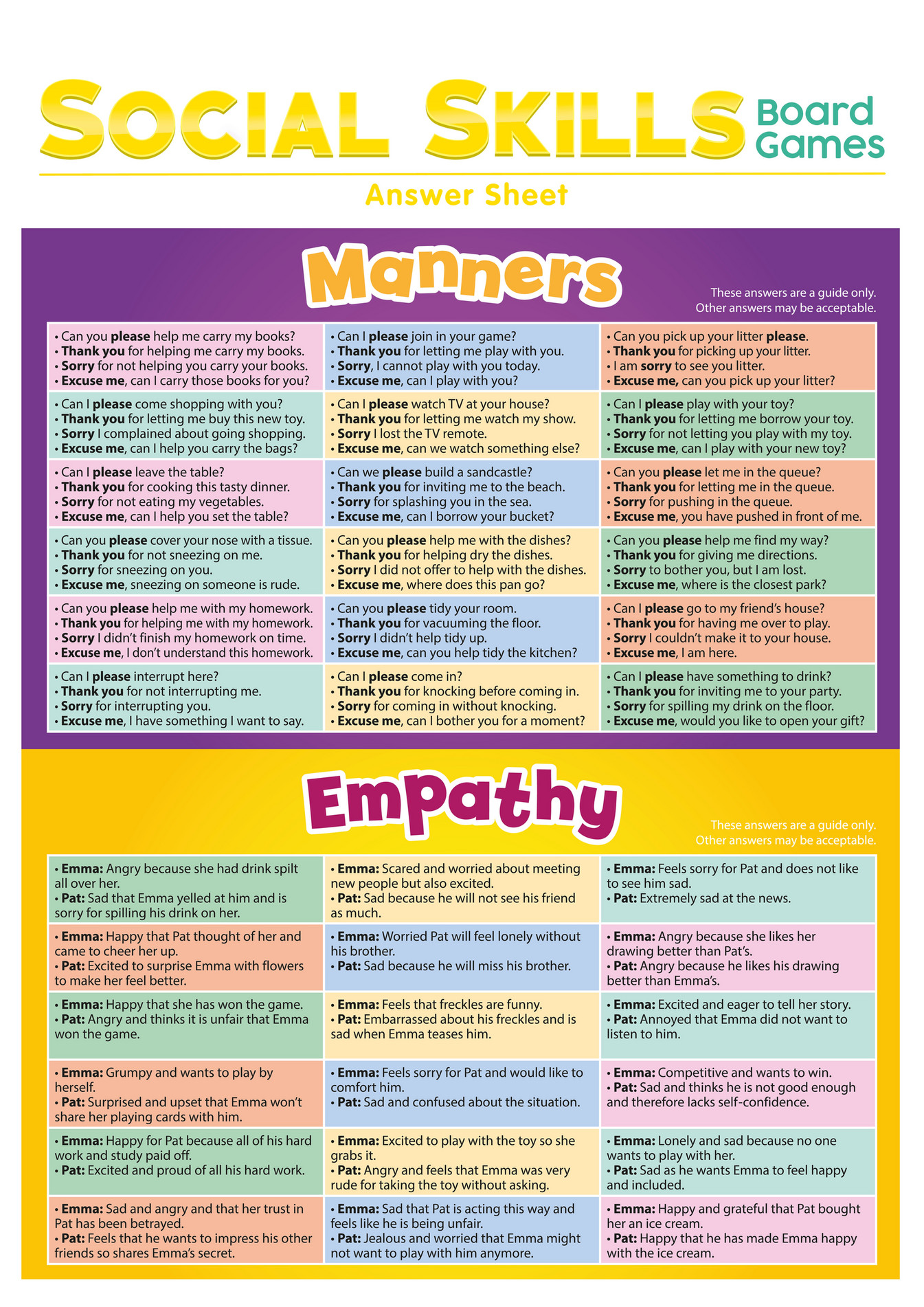 My Publications Jl Social Skills Board Games Answer Sheet Page