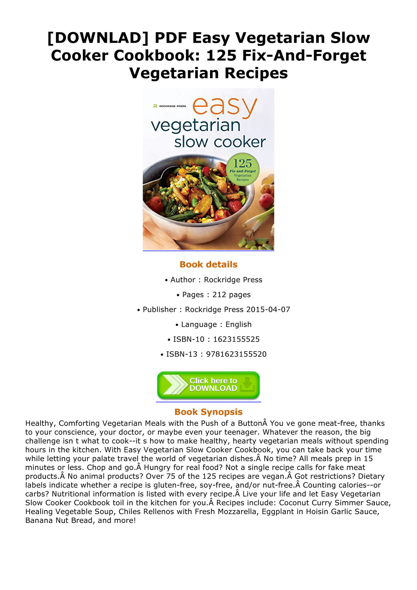 Alicia DOWNLAD PDF Easy Vegetarian Slow Cooker Cookbook 125 Fix And