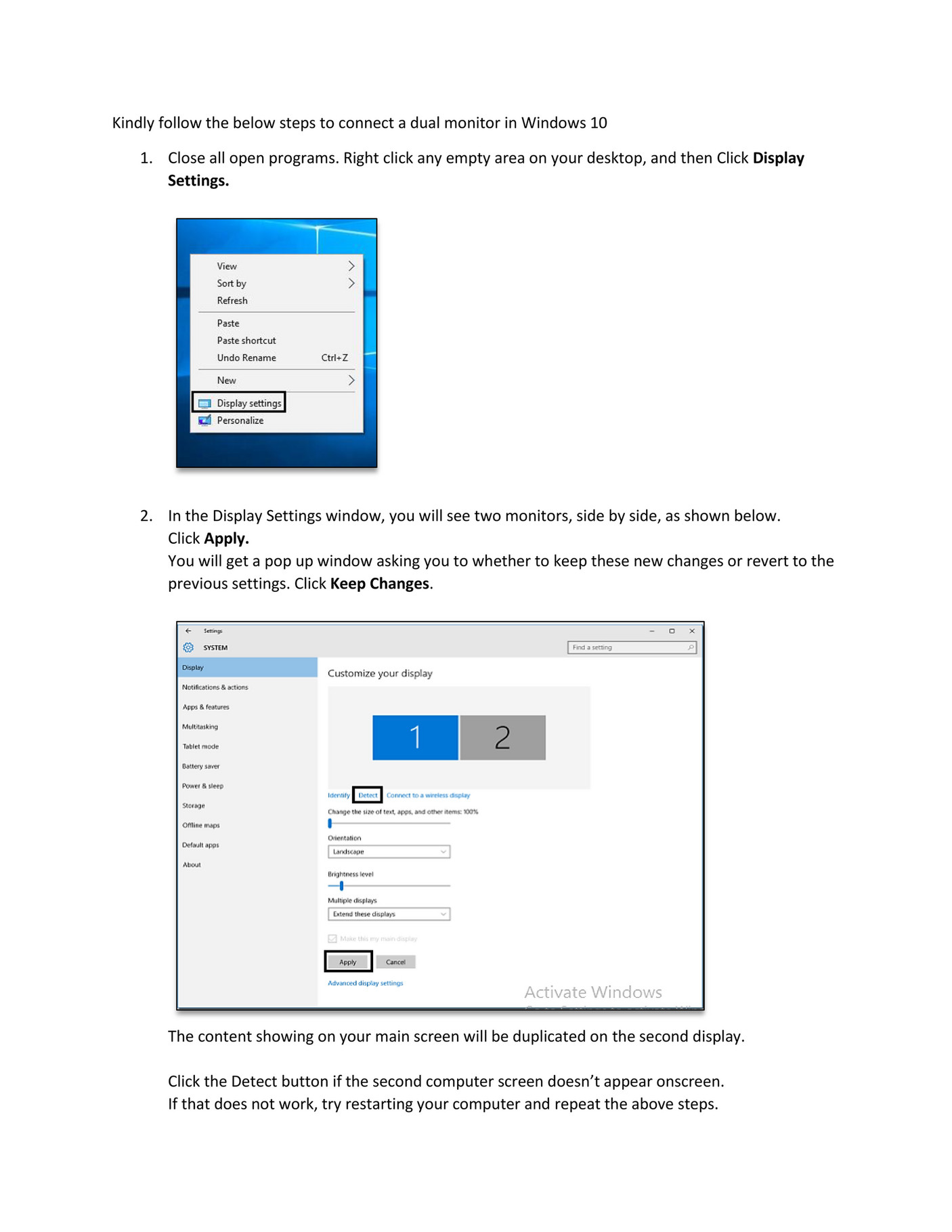 how to connect second monitor to pc windows 10