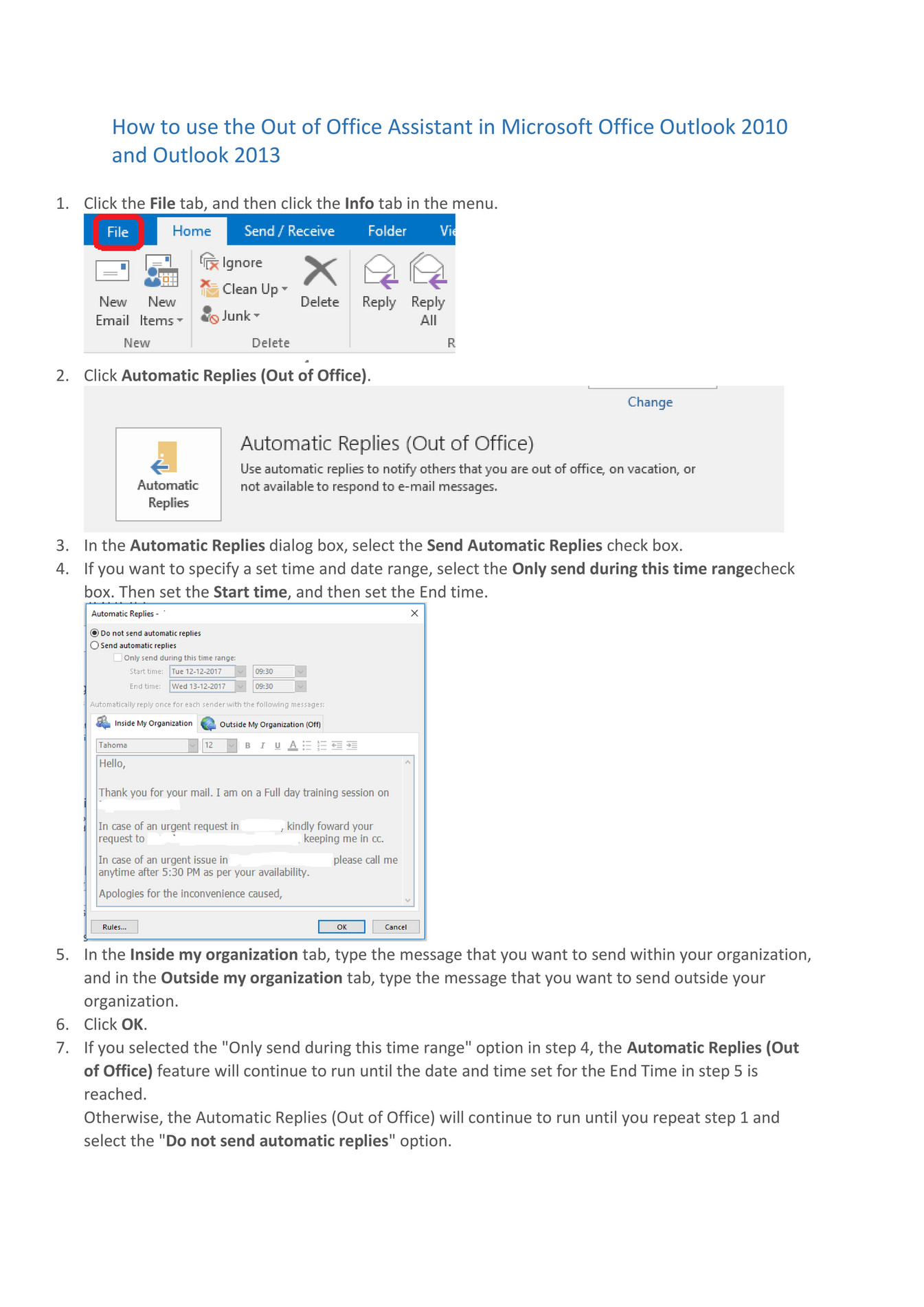 Self How To Use The Out Of Office Assistant In Microsoft Office Outlook 2010 And Outlook 2013 0333