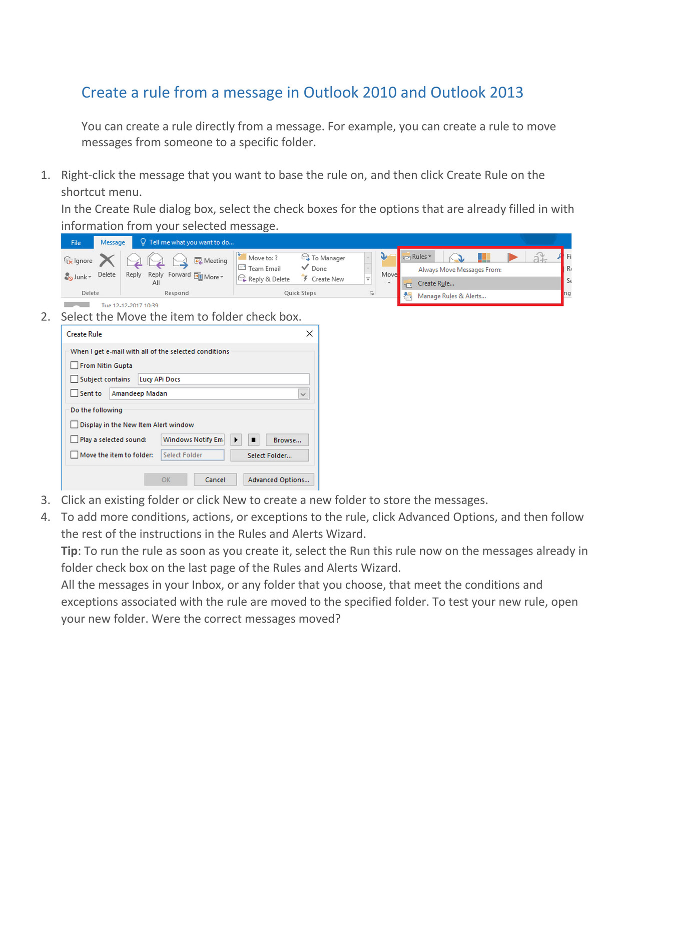 Self Create a rule from a message in Outlook 2010 and Outlook 2013
