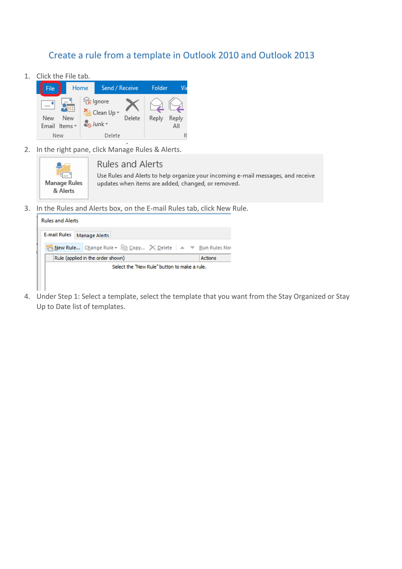 Self Create A Rule From A Template In Outlook 2010 And Outlook 2013 Page 1 Created With 